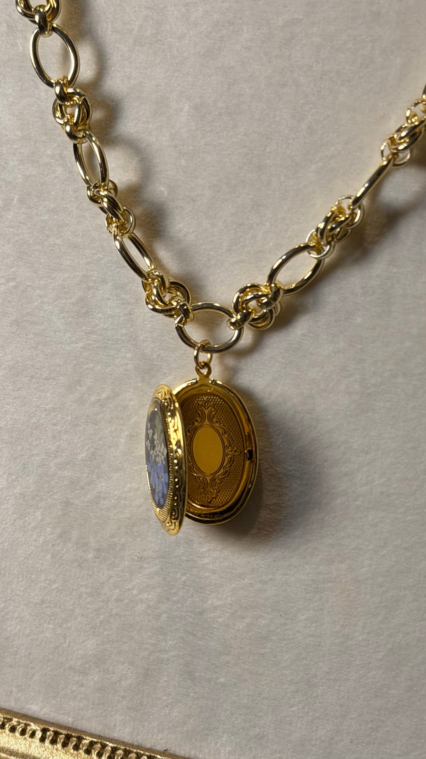 Gold locket necklace blue forget me nots
