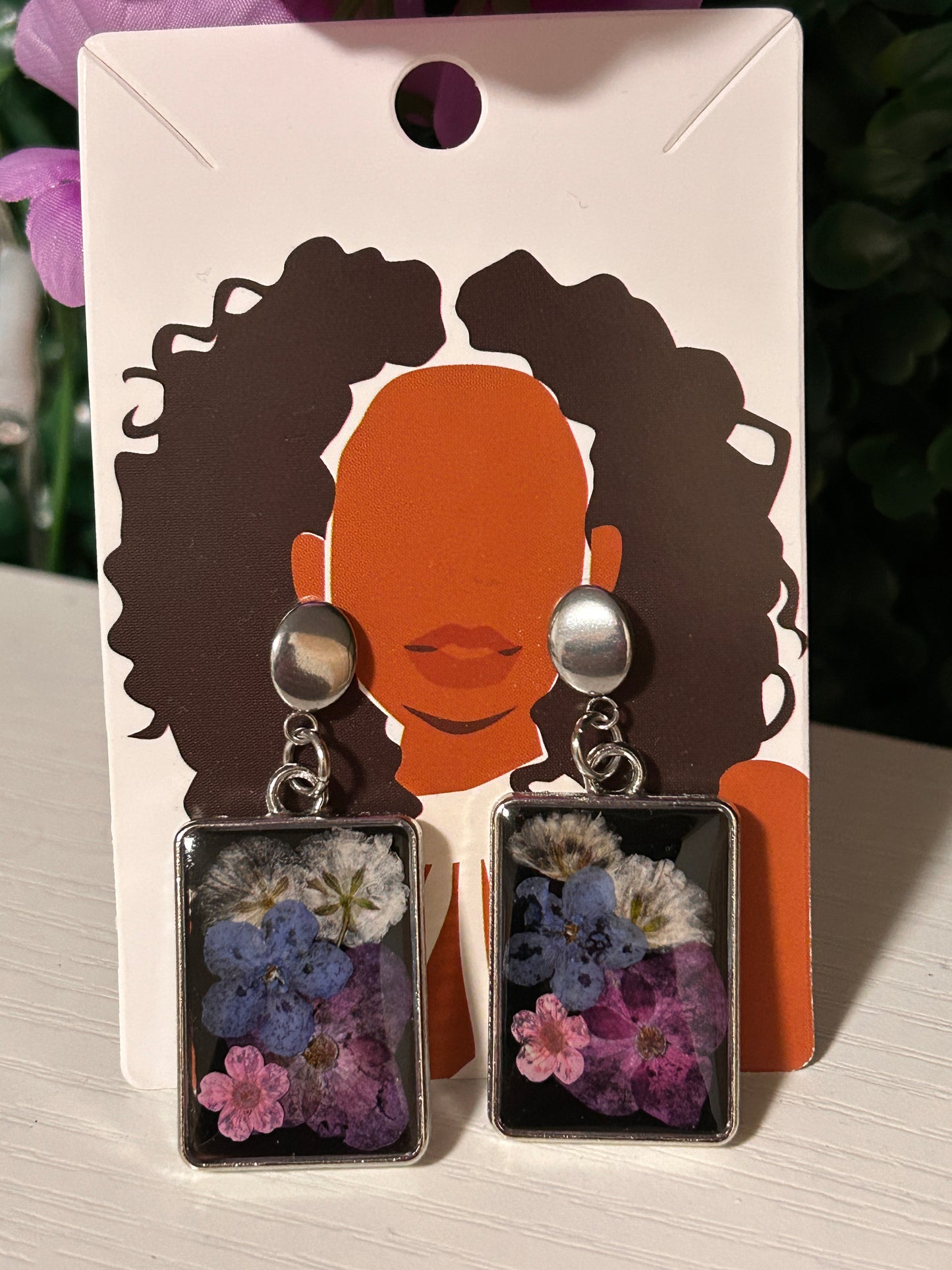 Black resin silver rectangle earrings