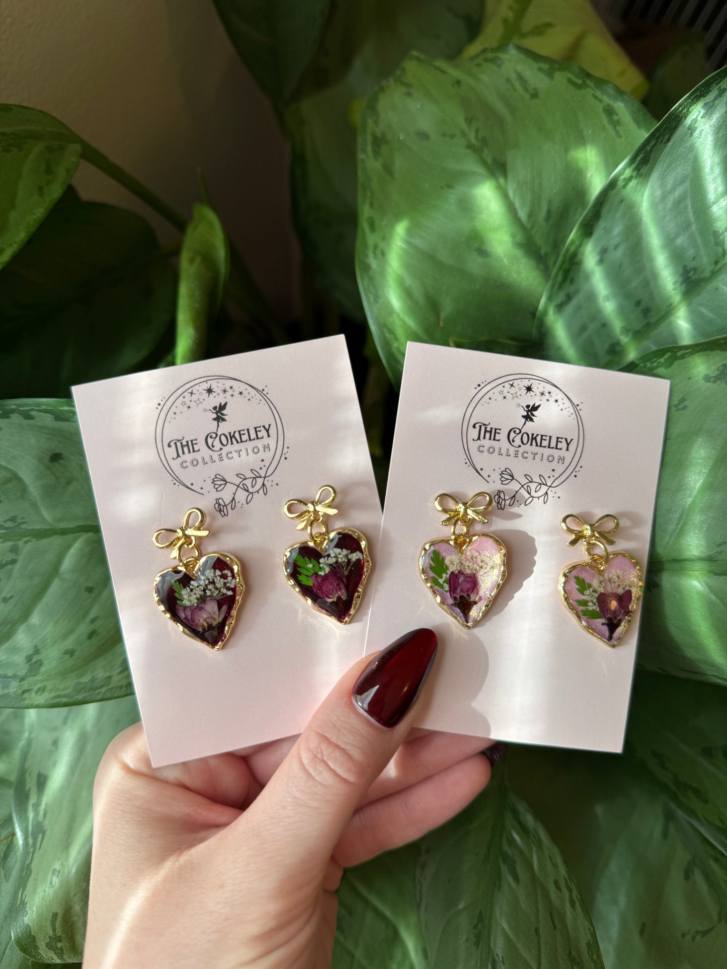 Pressed rose heart earrings