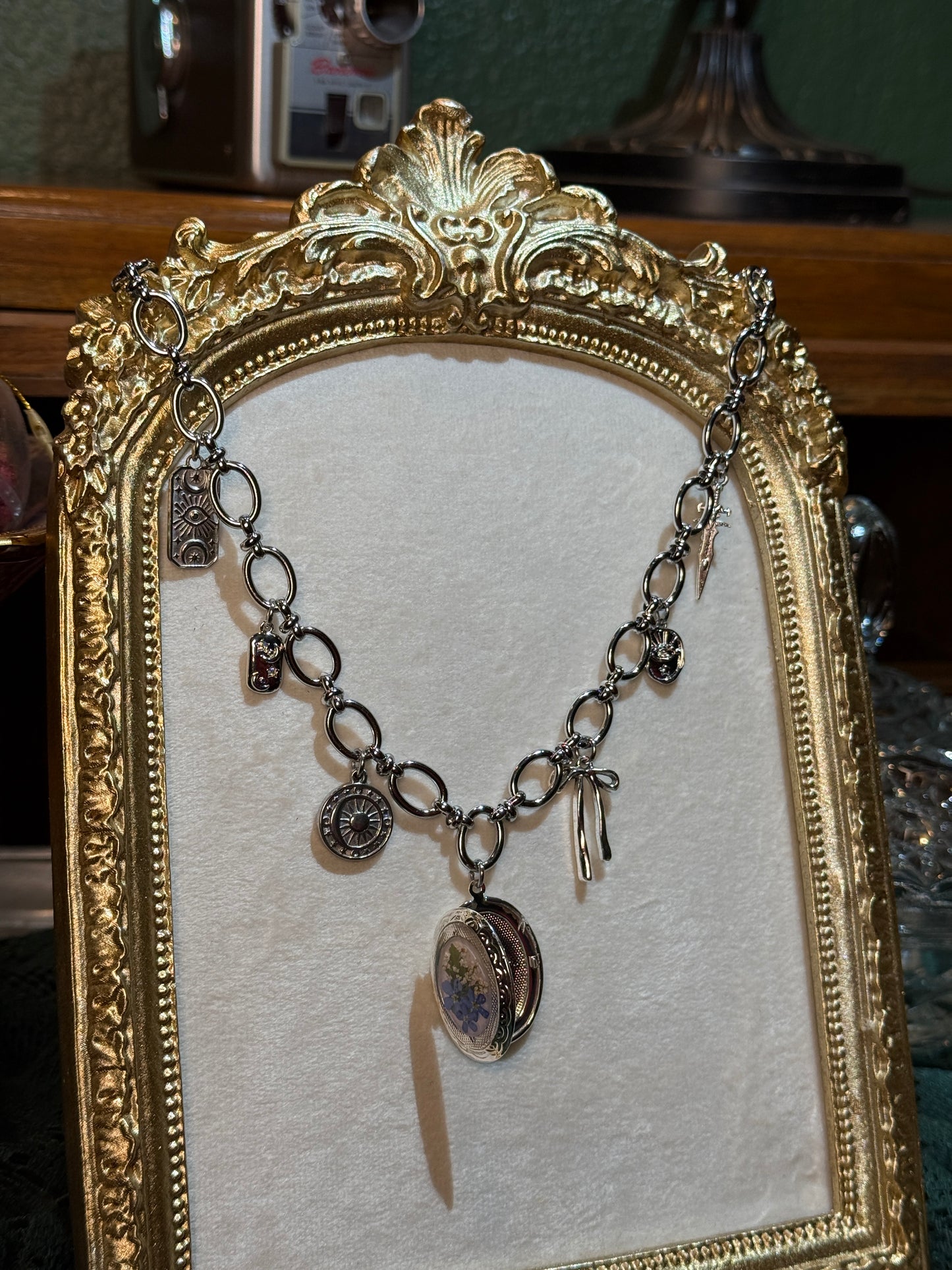 Silver forget me not locket charm necklace (a)