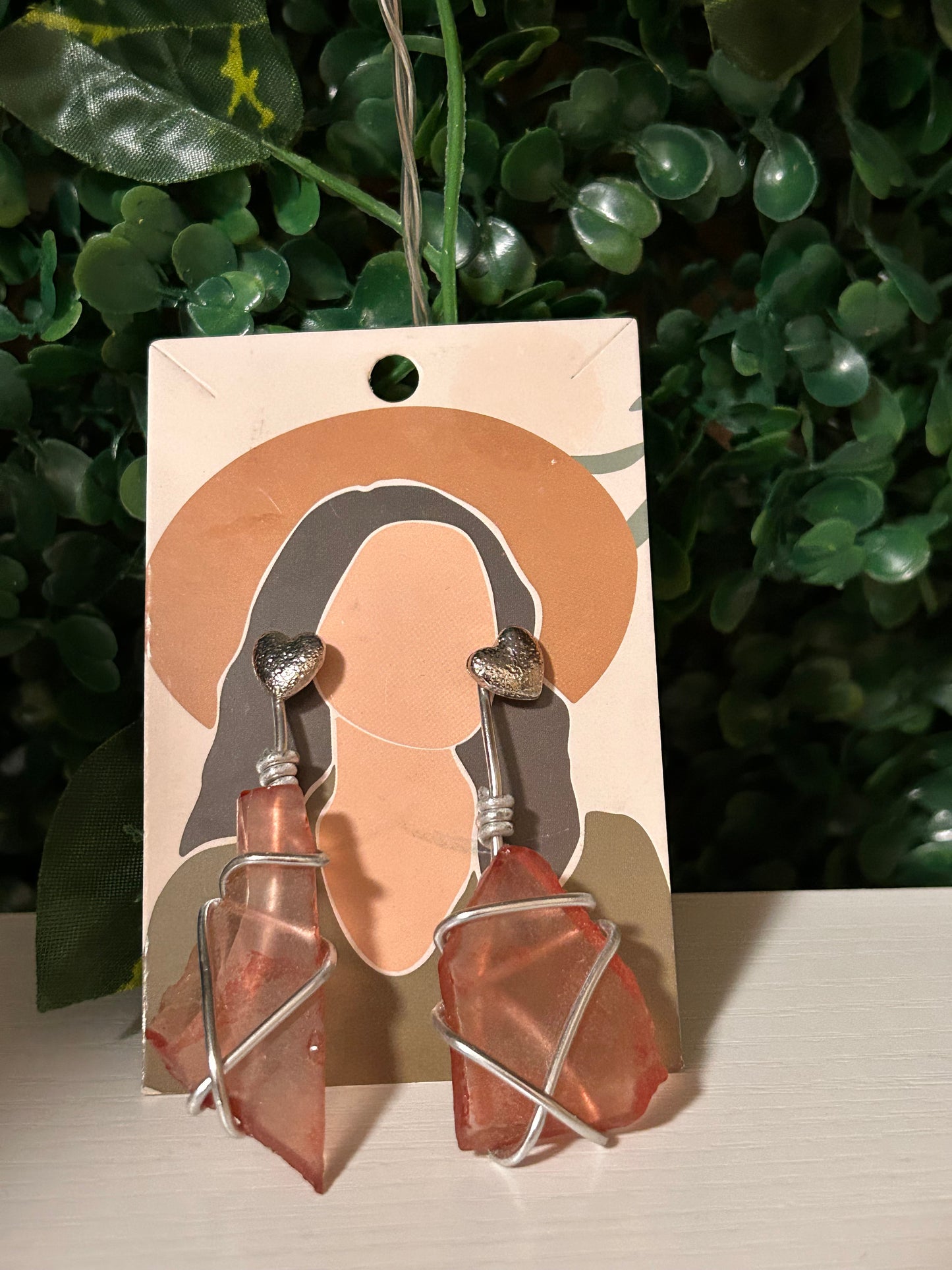 Red seaglass silver wire wrapped earrings