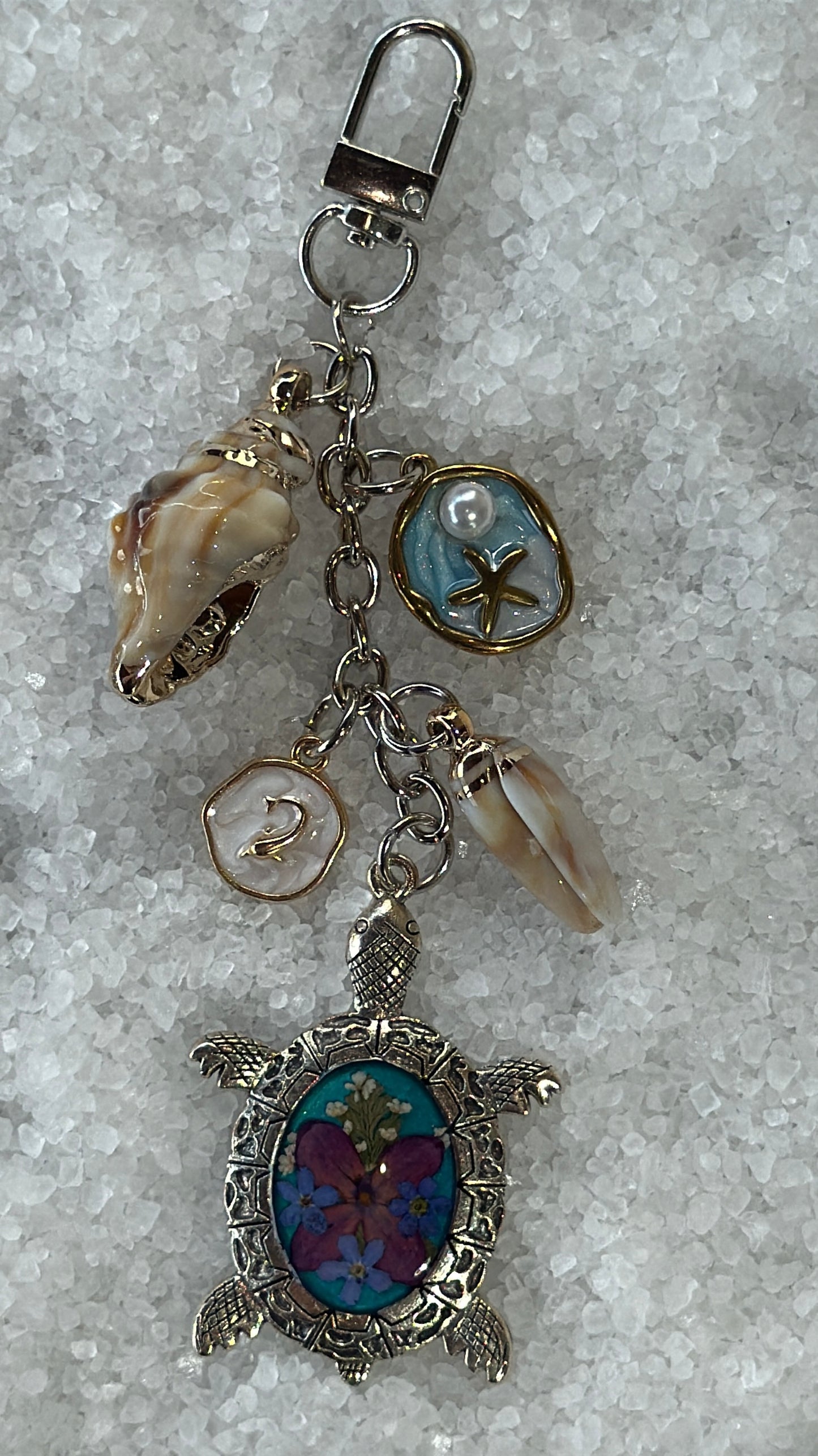 Pressed flower turtle bag charm #7