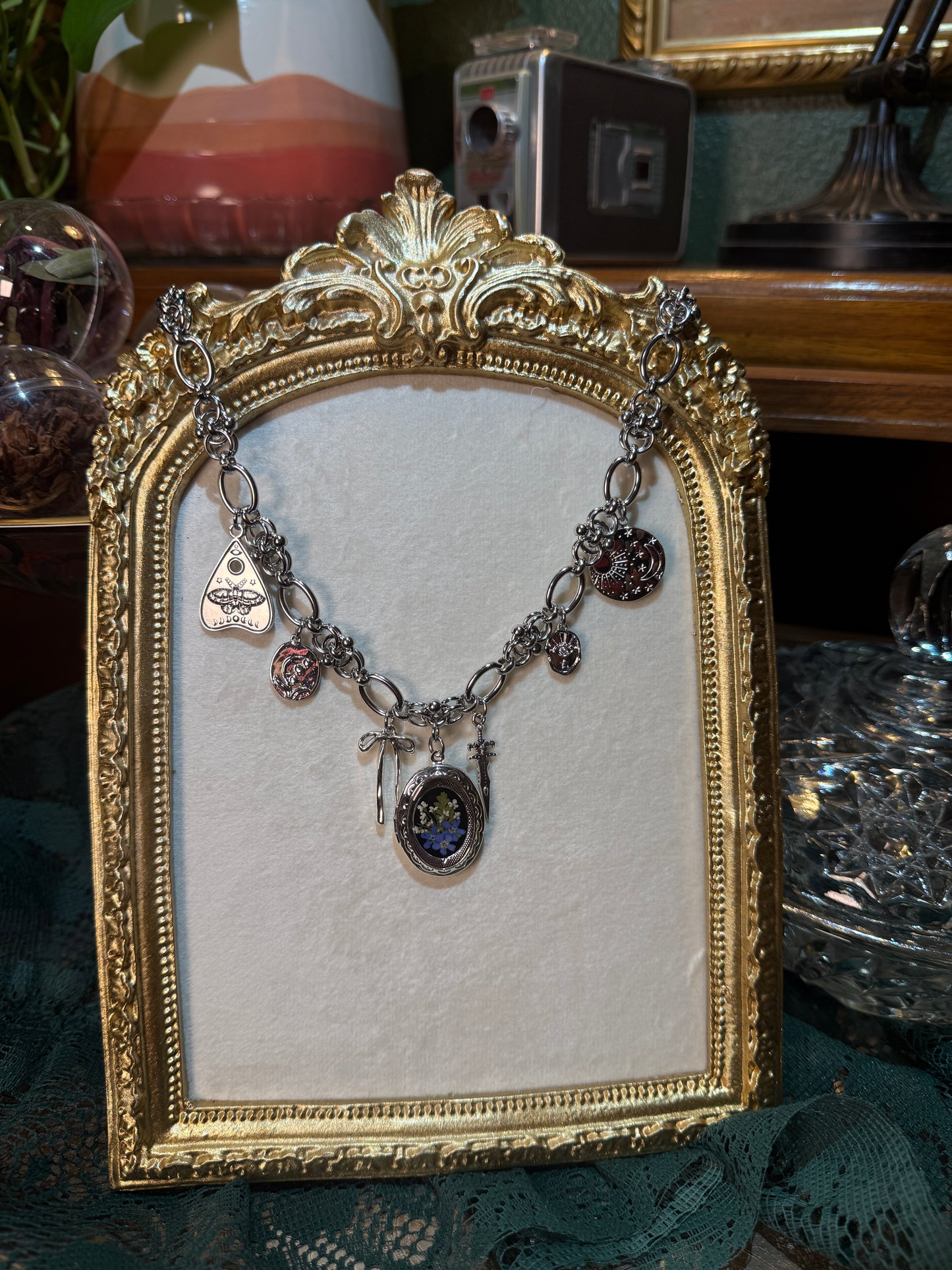 Silver locket charm necklace (e)