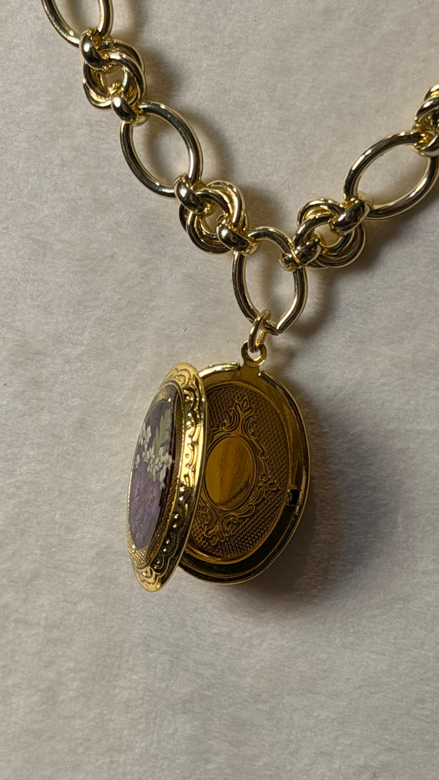 Gold locket necklace purple alyssum