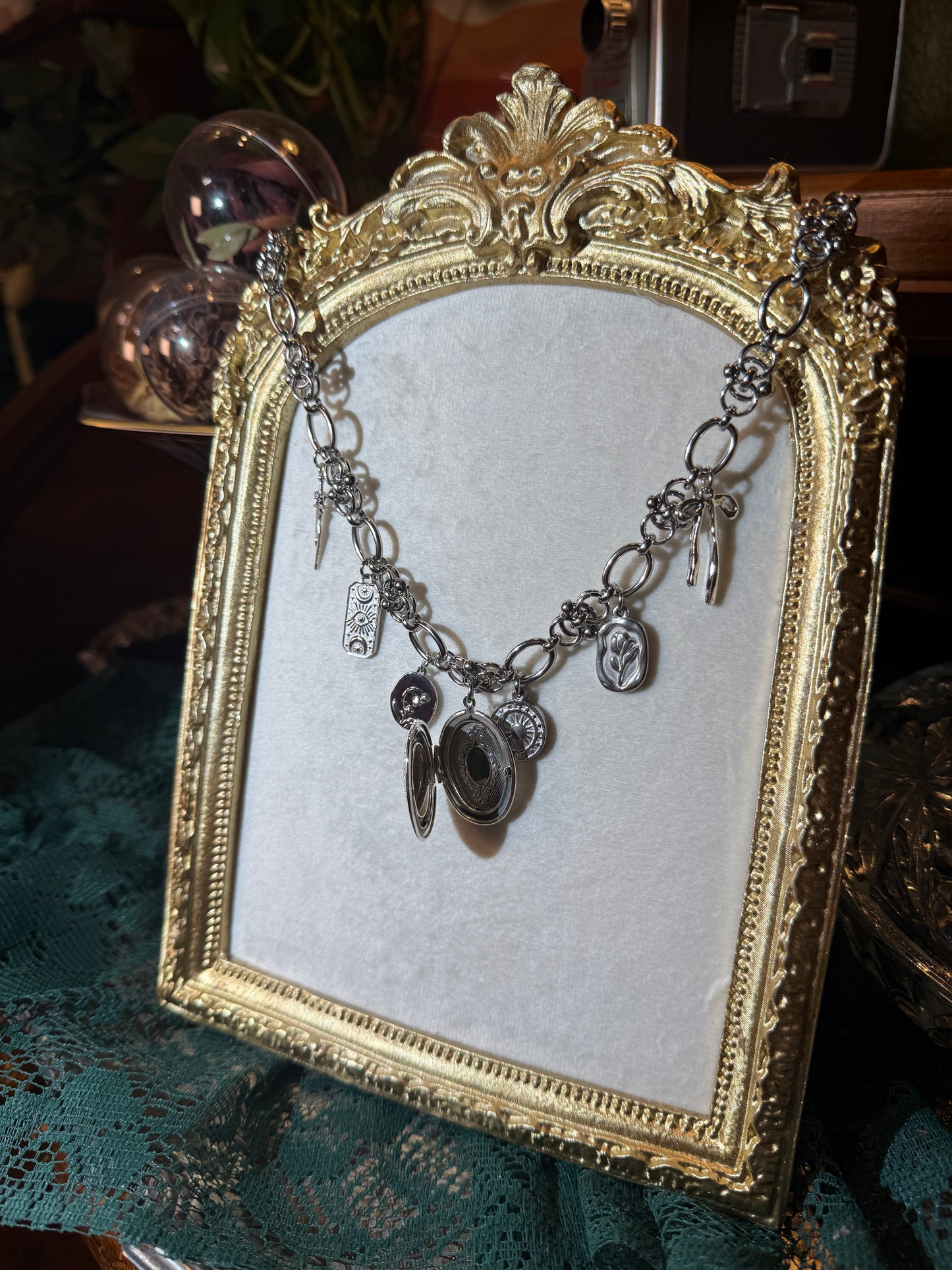 Silver locket charm necklace (d)