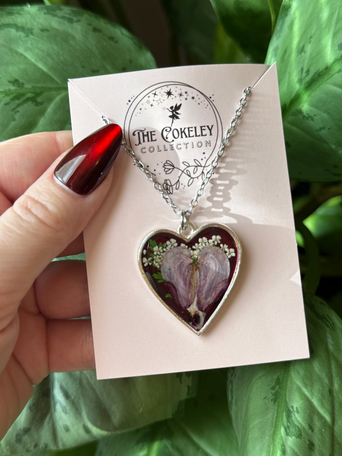 Pressed Bleeding heart flower necklace