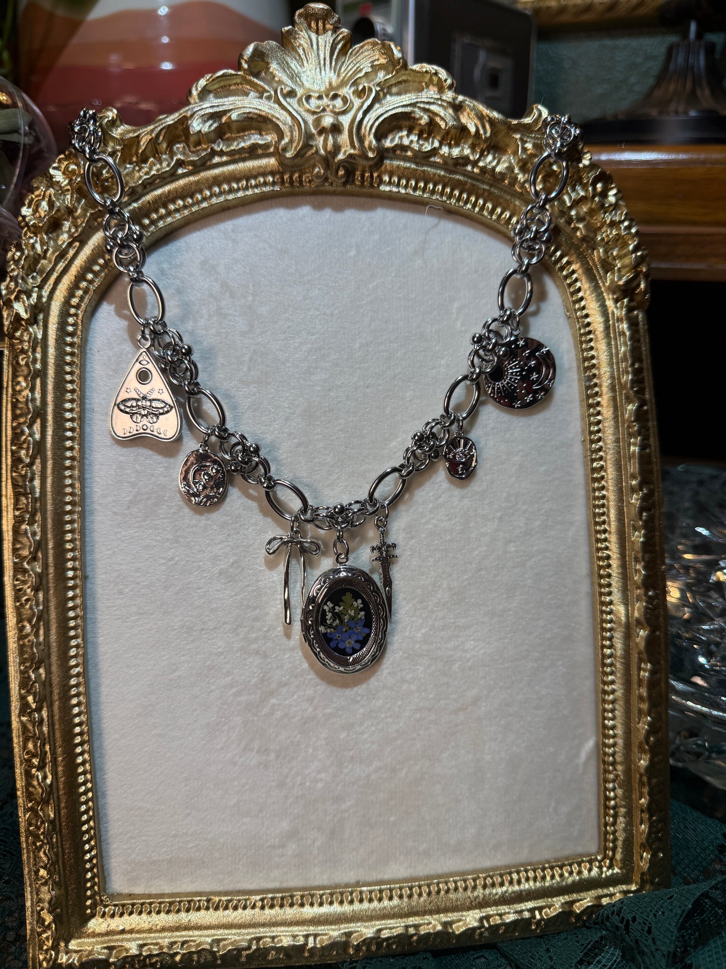 Silver locket charm necklace (e)