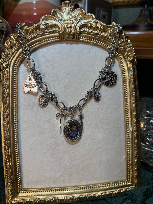 Silver locket charm necklace (e)