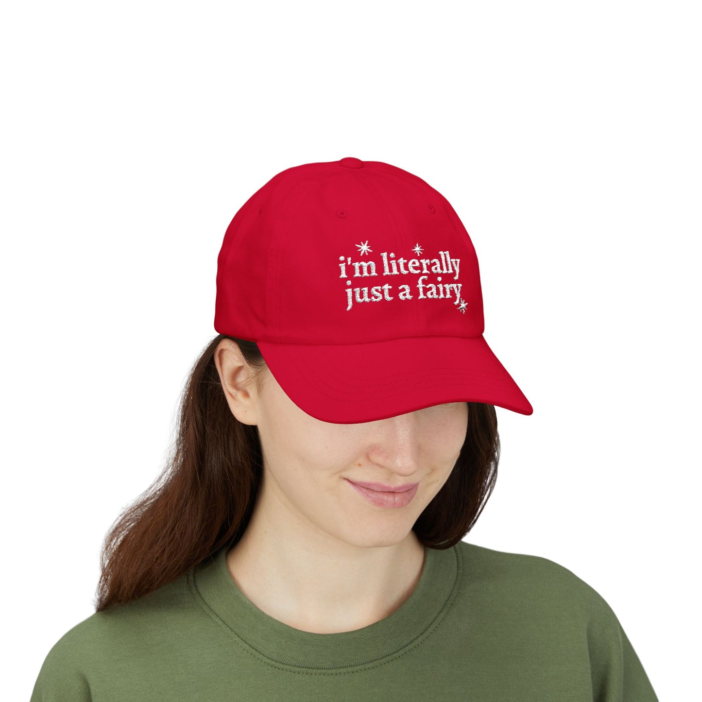 i'm literally just a fairy Dad Cap | embroidered text, whimsical stars