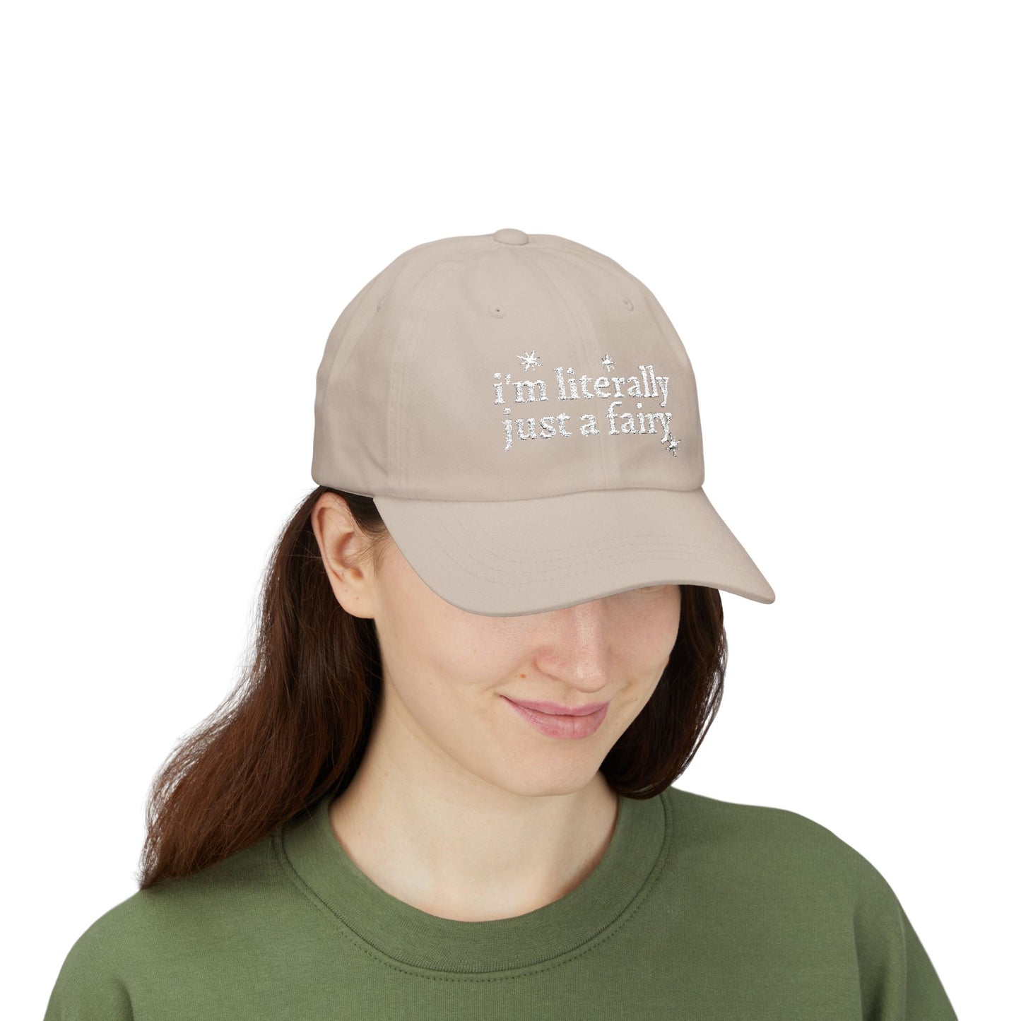 i'm literally just a fairy Dad Cap | embroidered text, whimsical stars