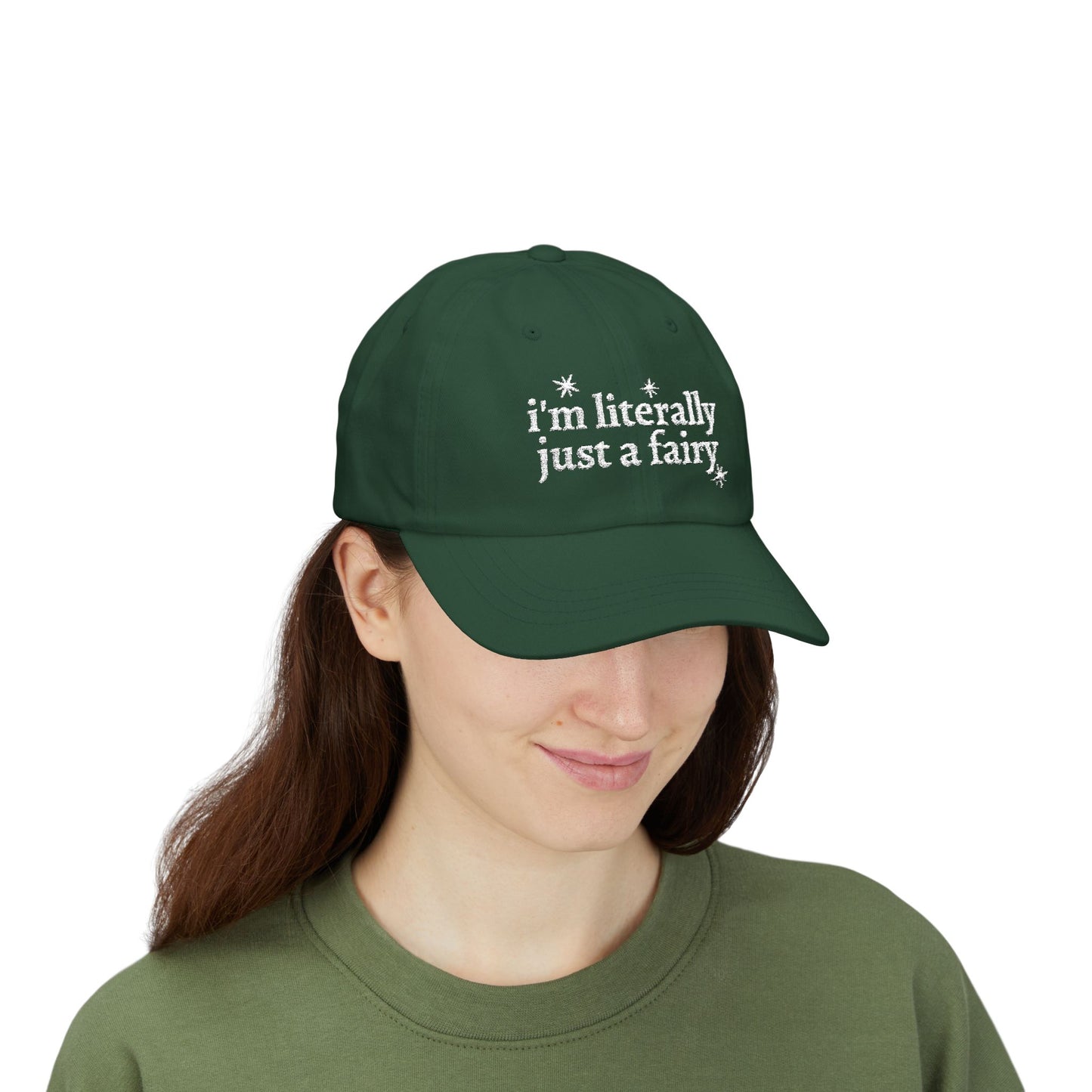 i'm literally just a fairy Dad Cap | embroidered text, whimsical stars