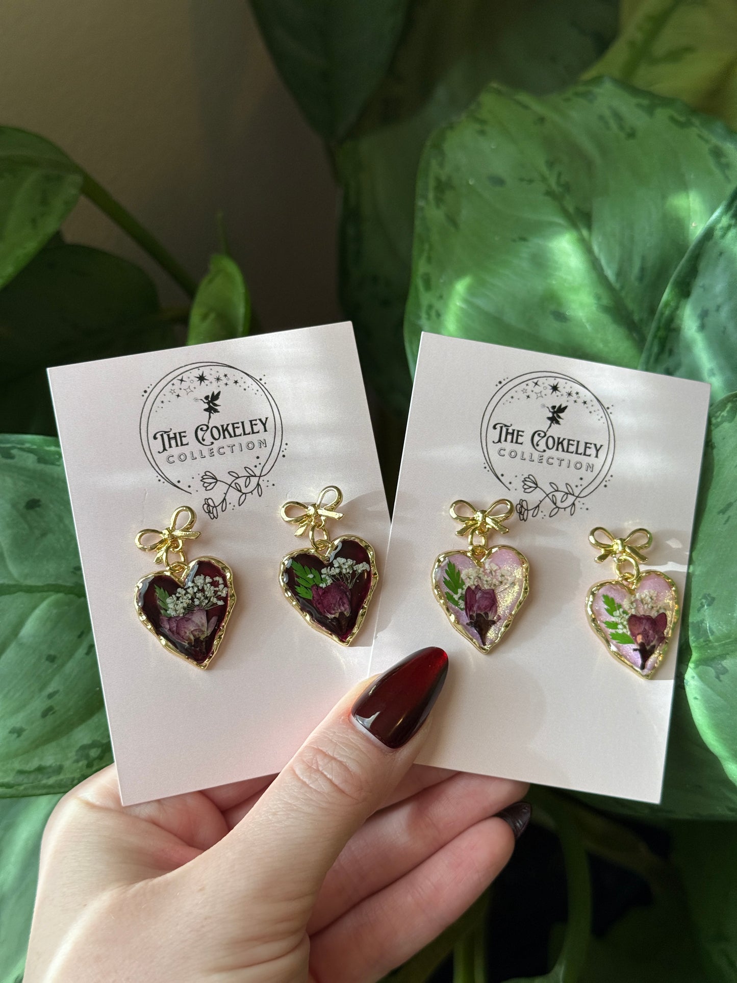 Pressed rose heart earrings