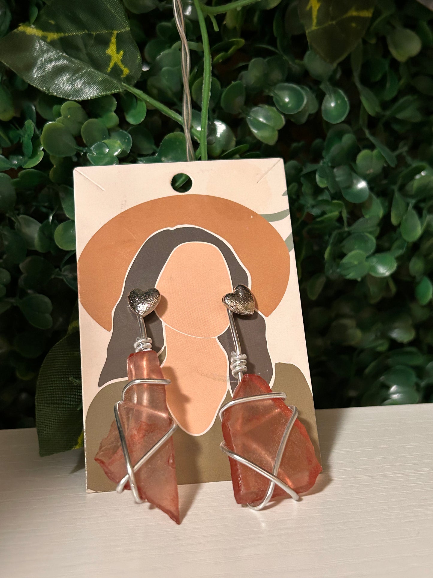 Red seaglass silver wire wrapped earrings