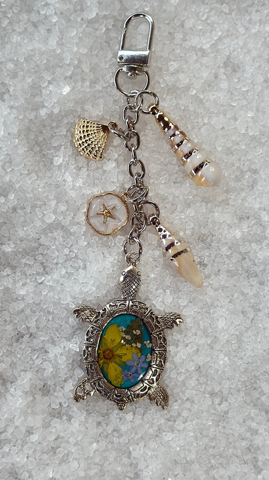 Pressed flower turtle bag charm #2