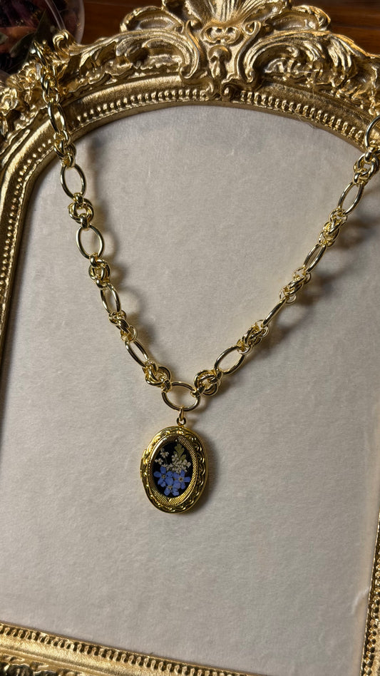 Gold locket necklace blue forget me nots