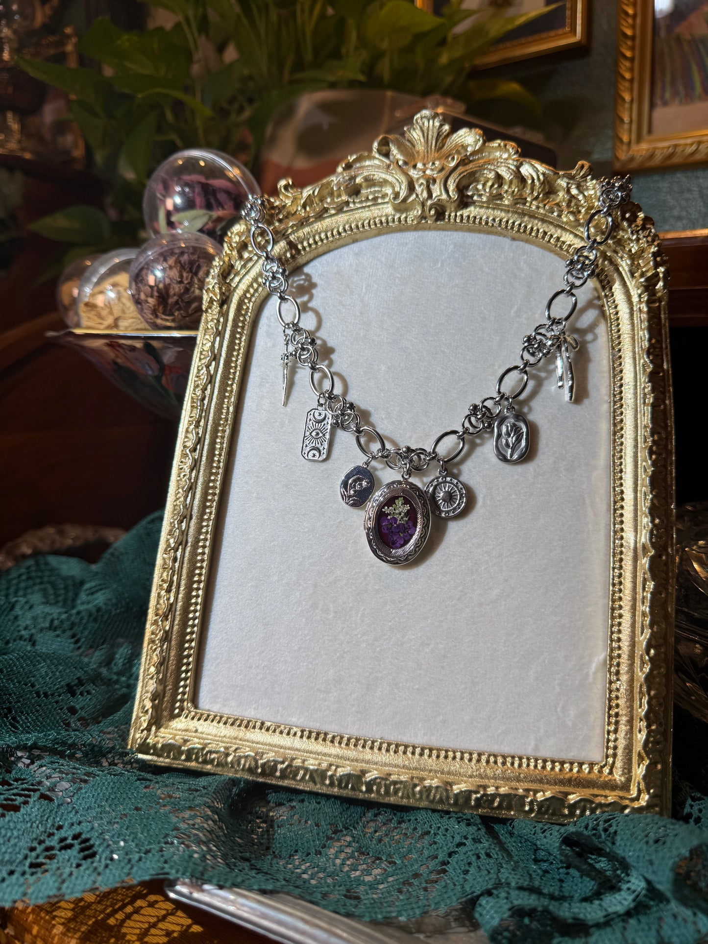 Silver locket charm necklace (d)