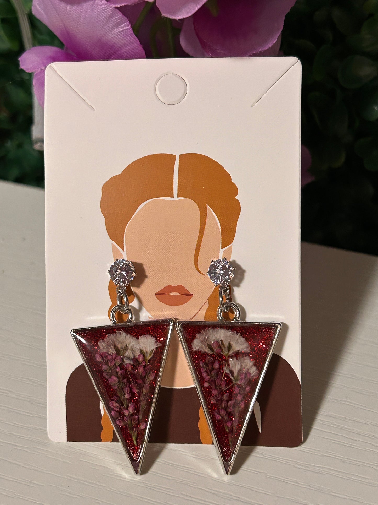 Red glitter silver triangle earrings