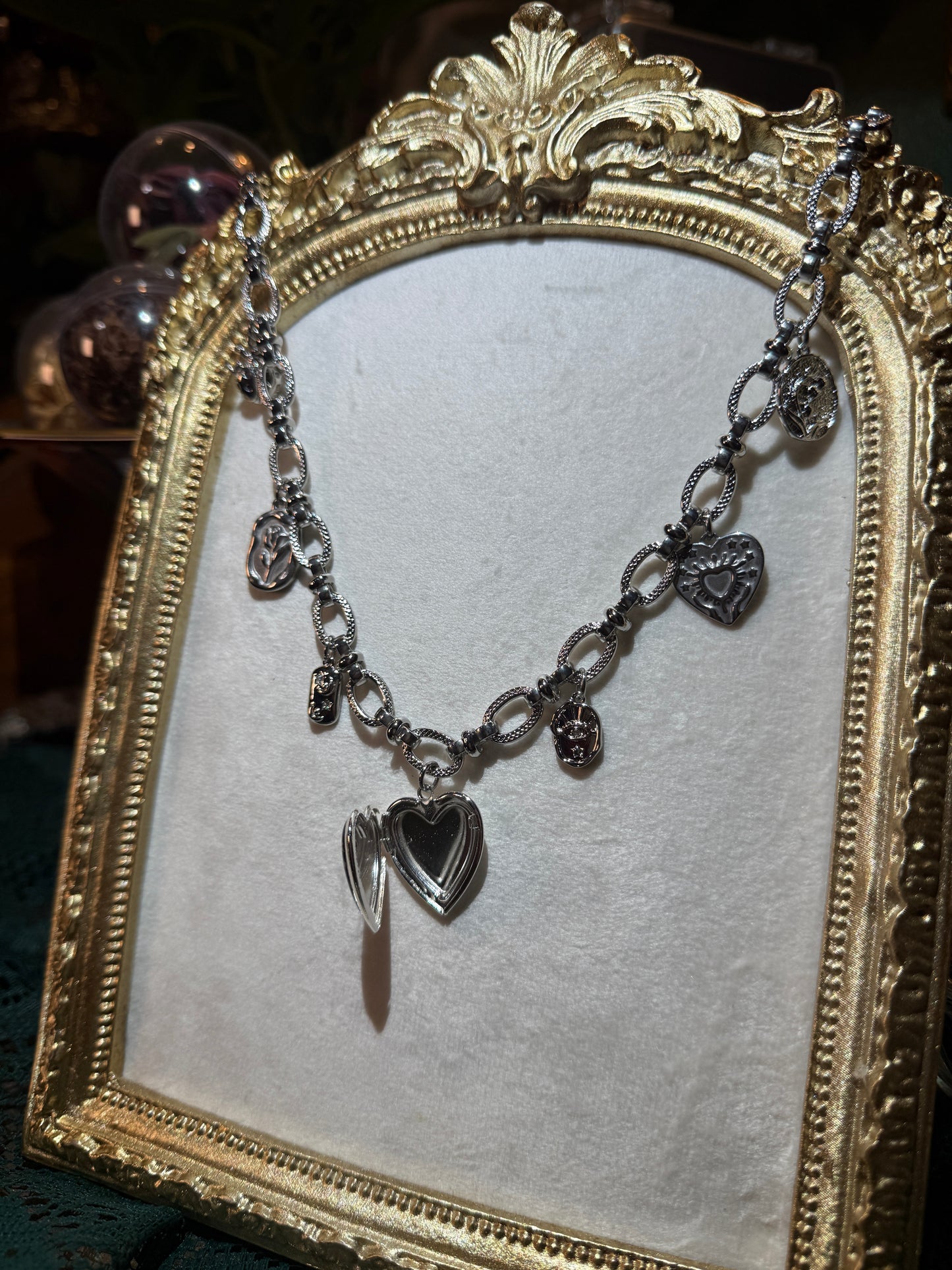 Silver locket charm necklace (c)