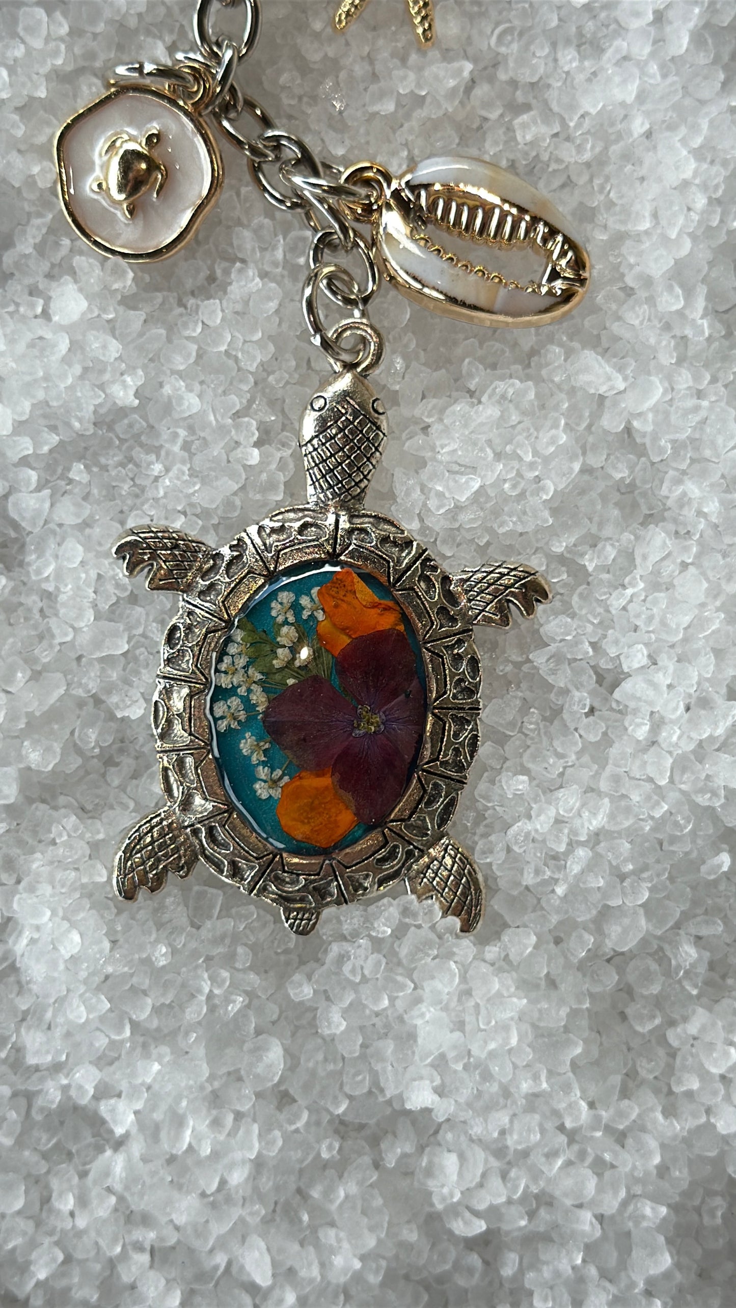 Pressed flower turtle bag charm #1