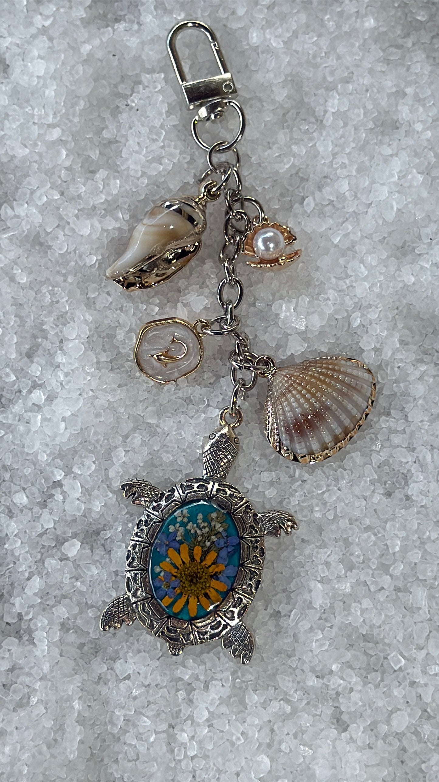 Pressed flower turtle bag charm #4