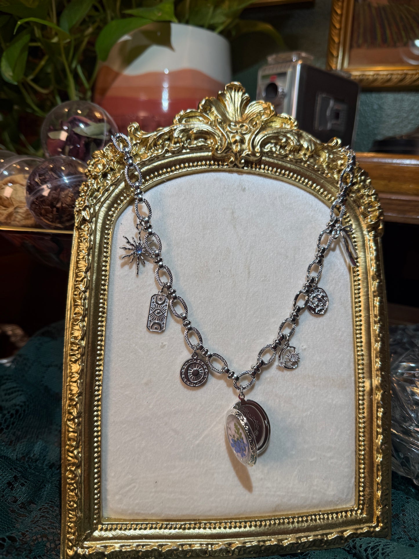 Silver locket charm necklace (f)