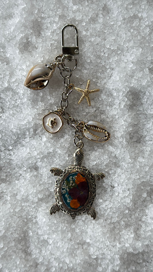 Pressed flower turtle bag charm #1