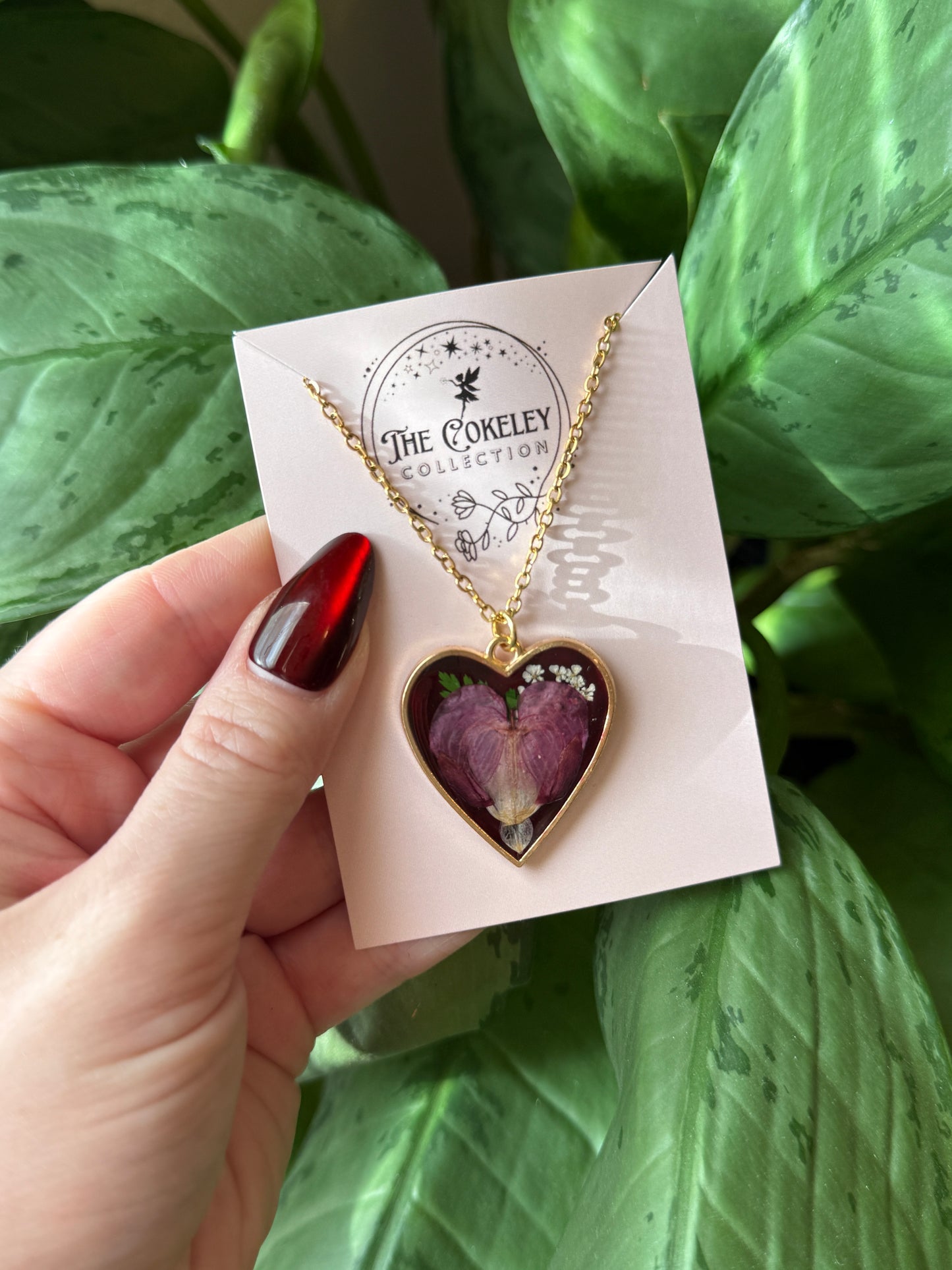 Pressed Bleeding heart flower necklace