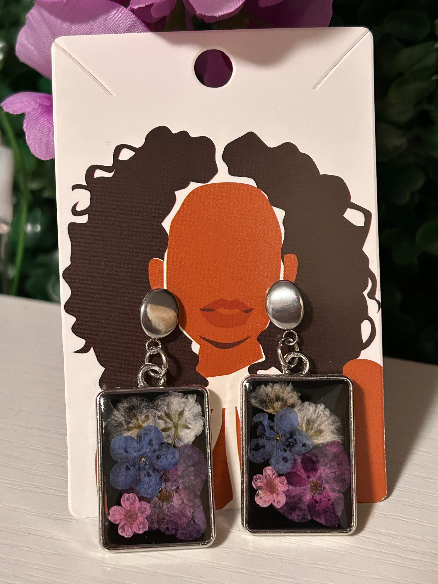 Black resin silver rectangle earrings