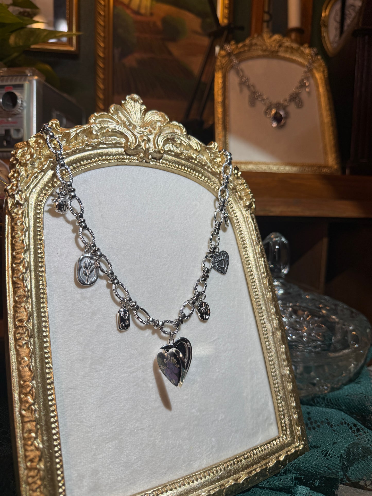 Silver locket charm necklace (c)