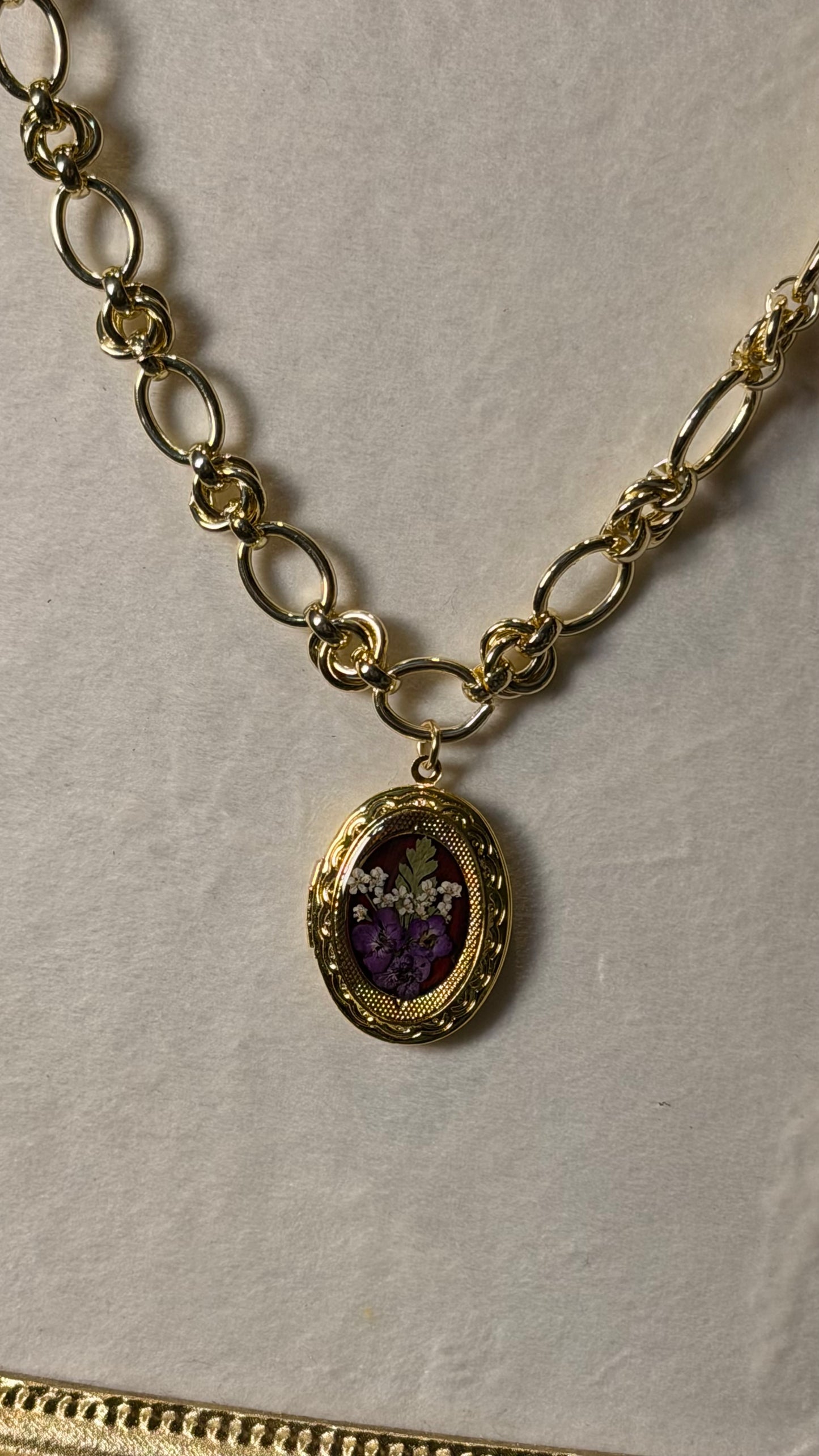 Gold locket necklace purple alyssum