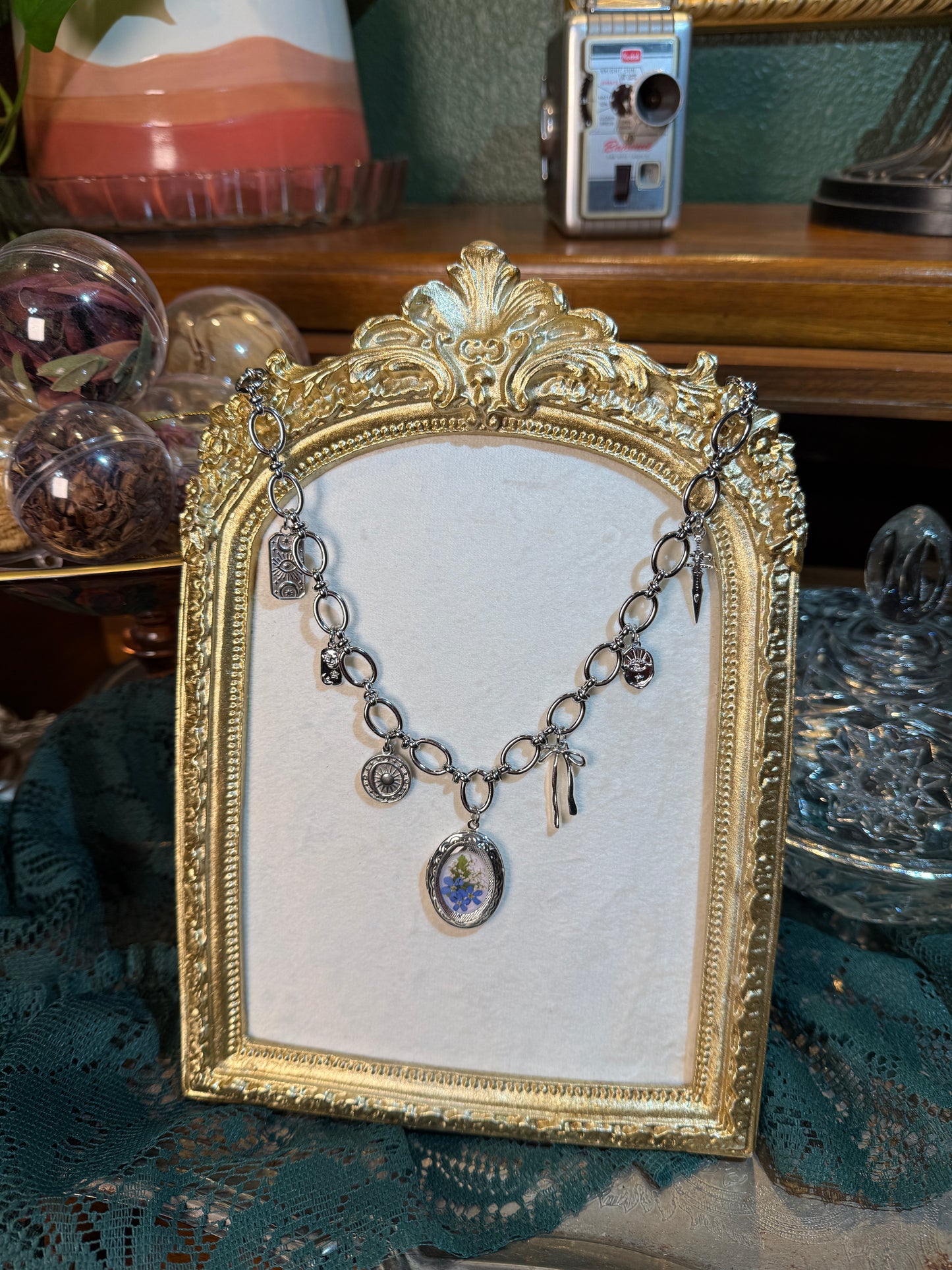 Silver forget me not locket charm necklace (a)