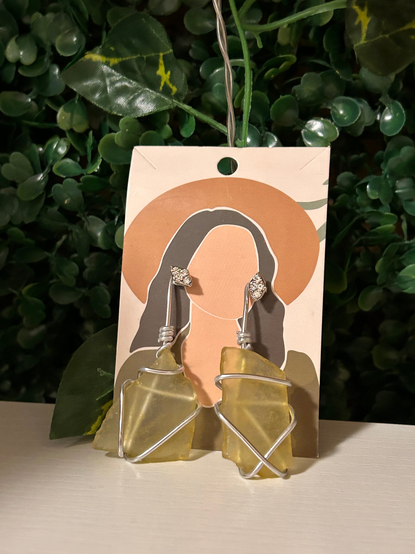 Yellow sea glass wire wrapped earrings