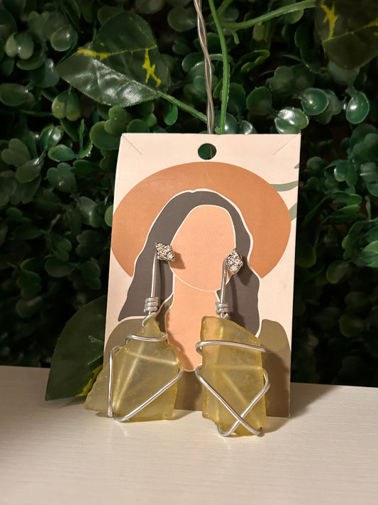 Yellow sea glass wire wrapped earrings