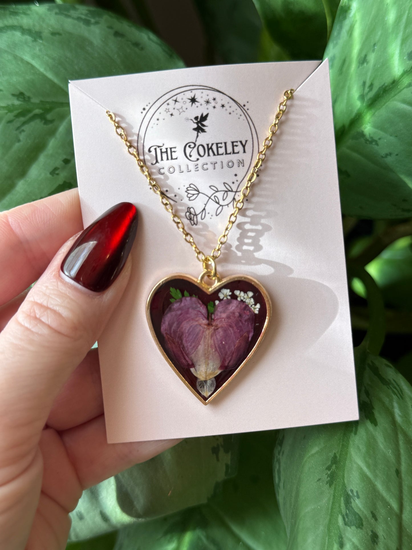 Pressed Bleeding heart flower necklace