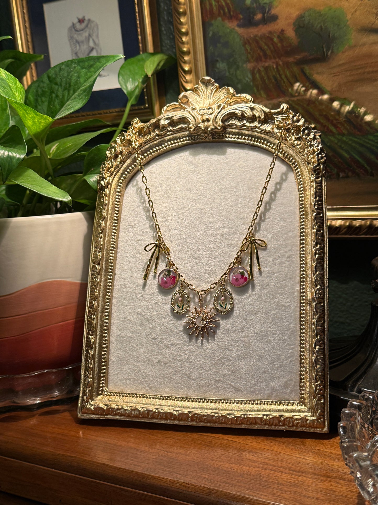 Pink forget me not charm necklace (#4)