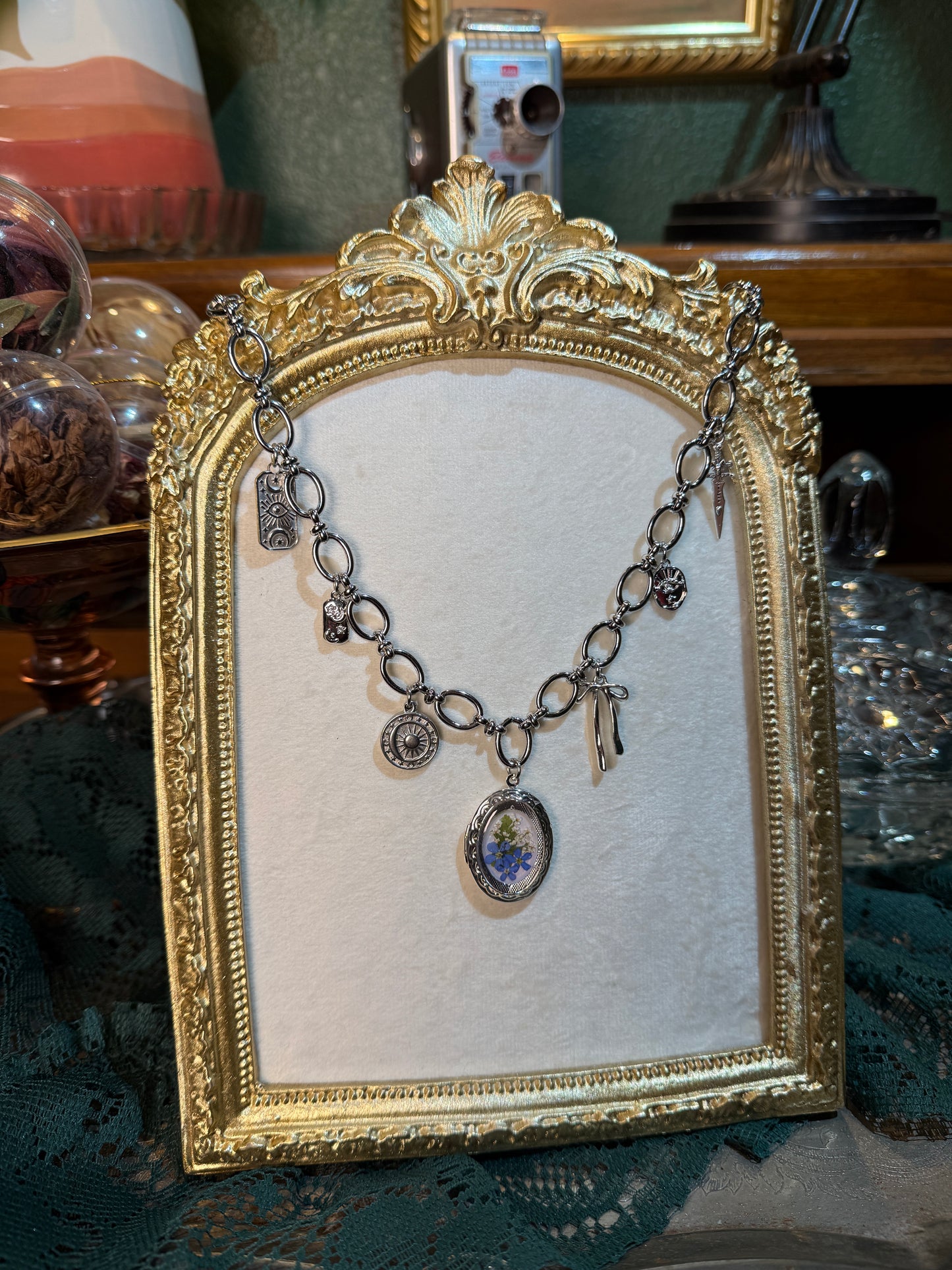 Silver forget me not locket charm necklace (a)