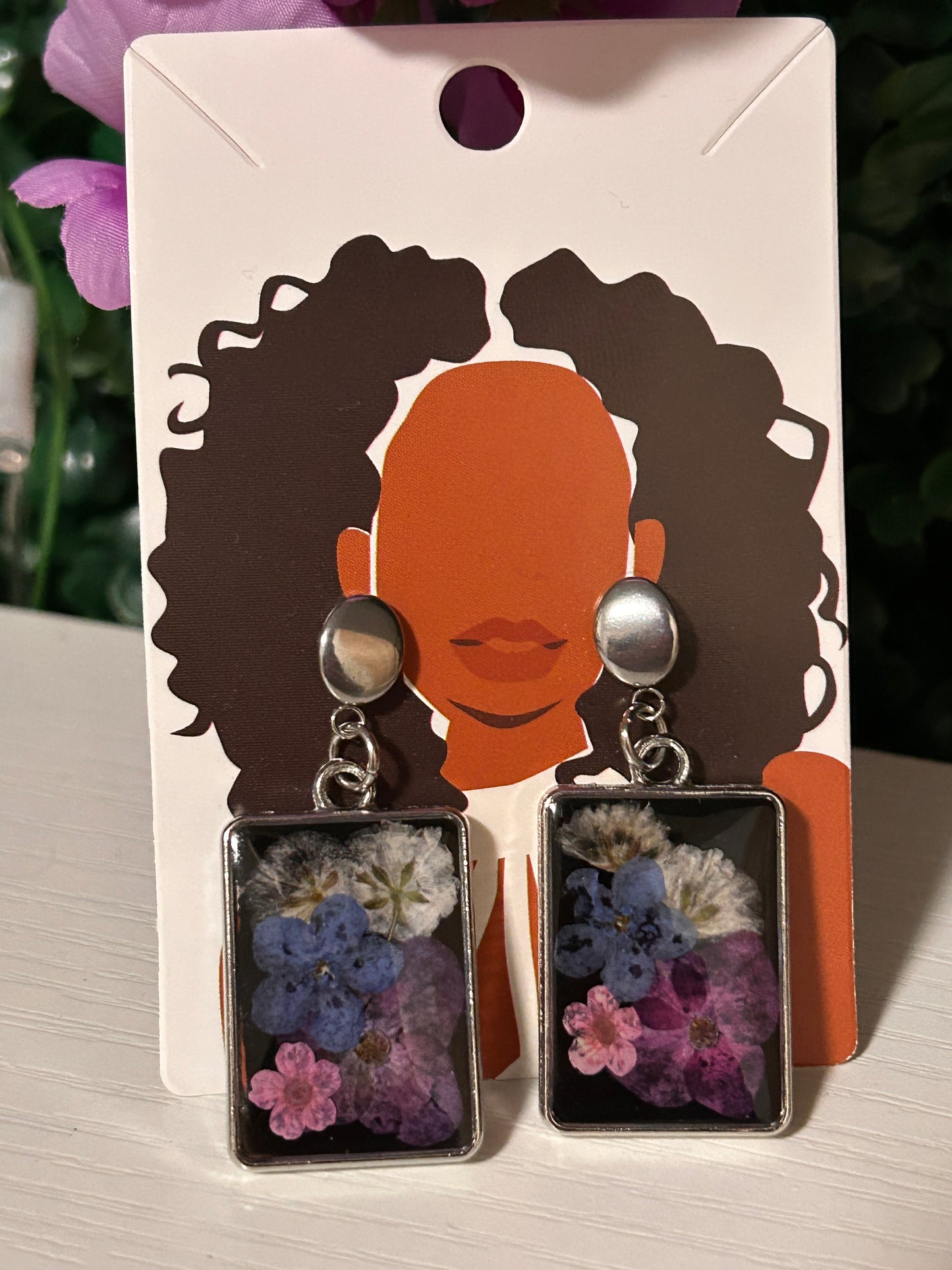 Black resin silver rectangle earrings