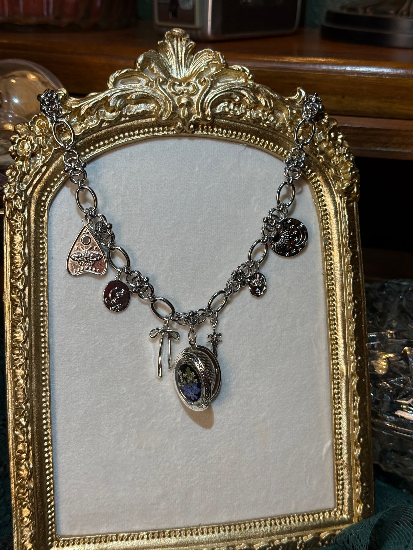 Silver locket charm necklace (e)
