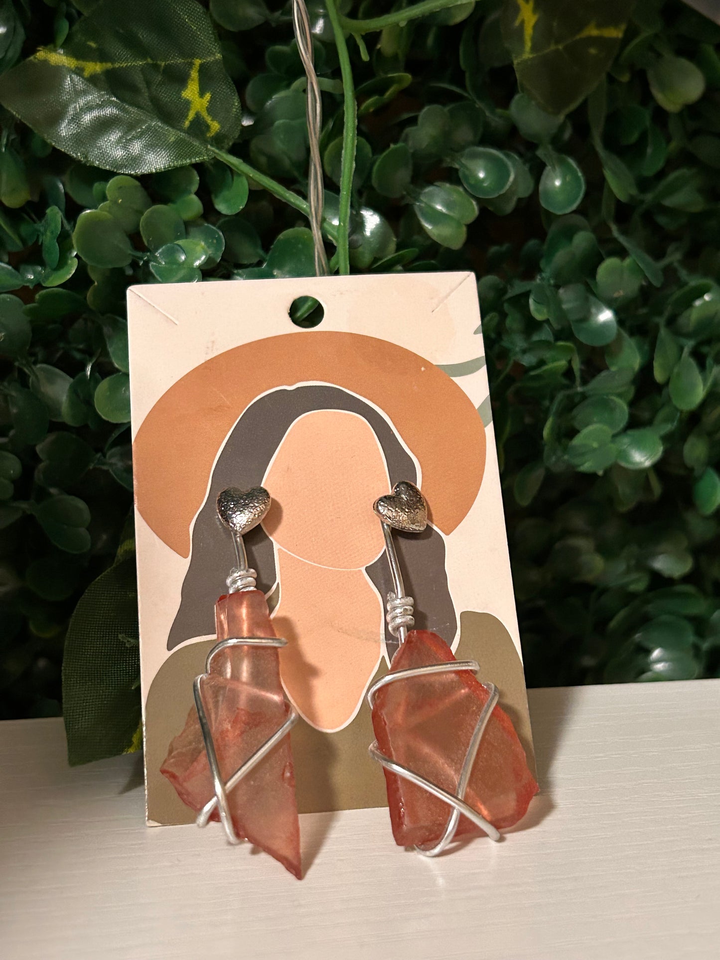 Red seaglass silver wire wrapped earrings