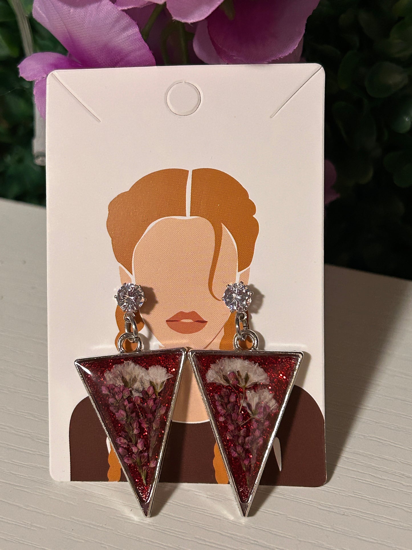 Red glitter silver triangle earrings