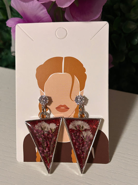 Red glitter silver triangle earrings