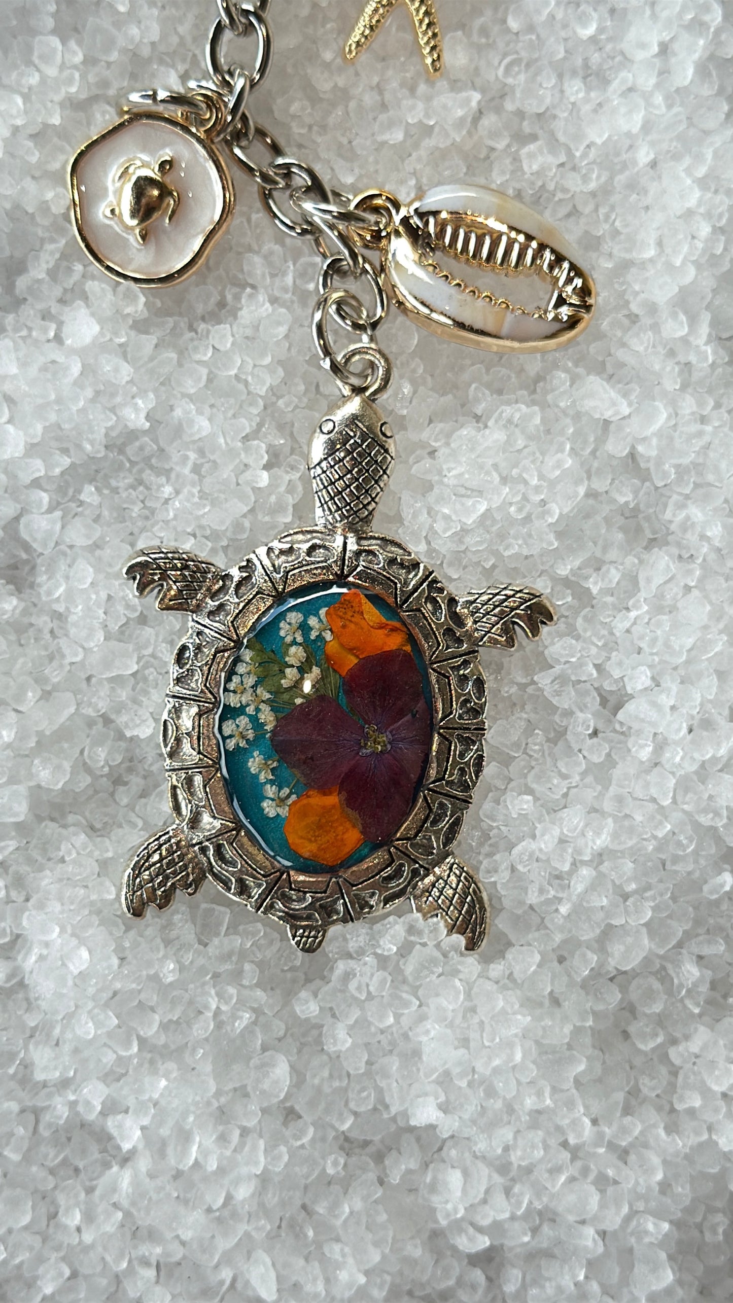 Pressed flower turtle bag charm #1