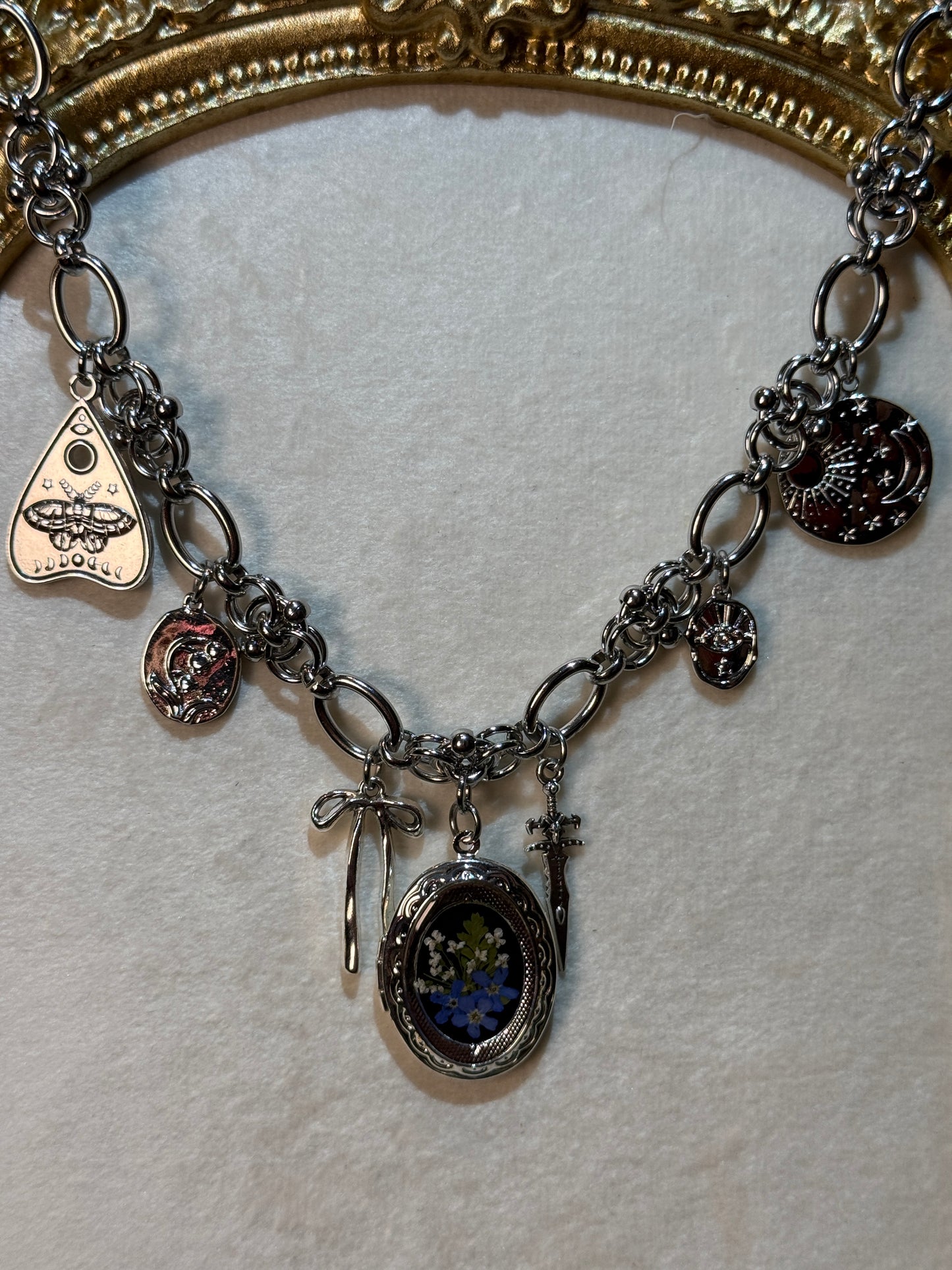 Silver locket charm necklace (e)