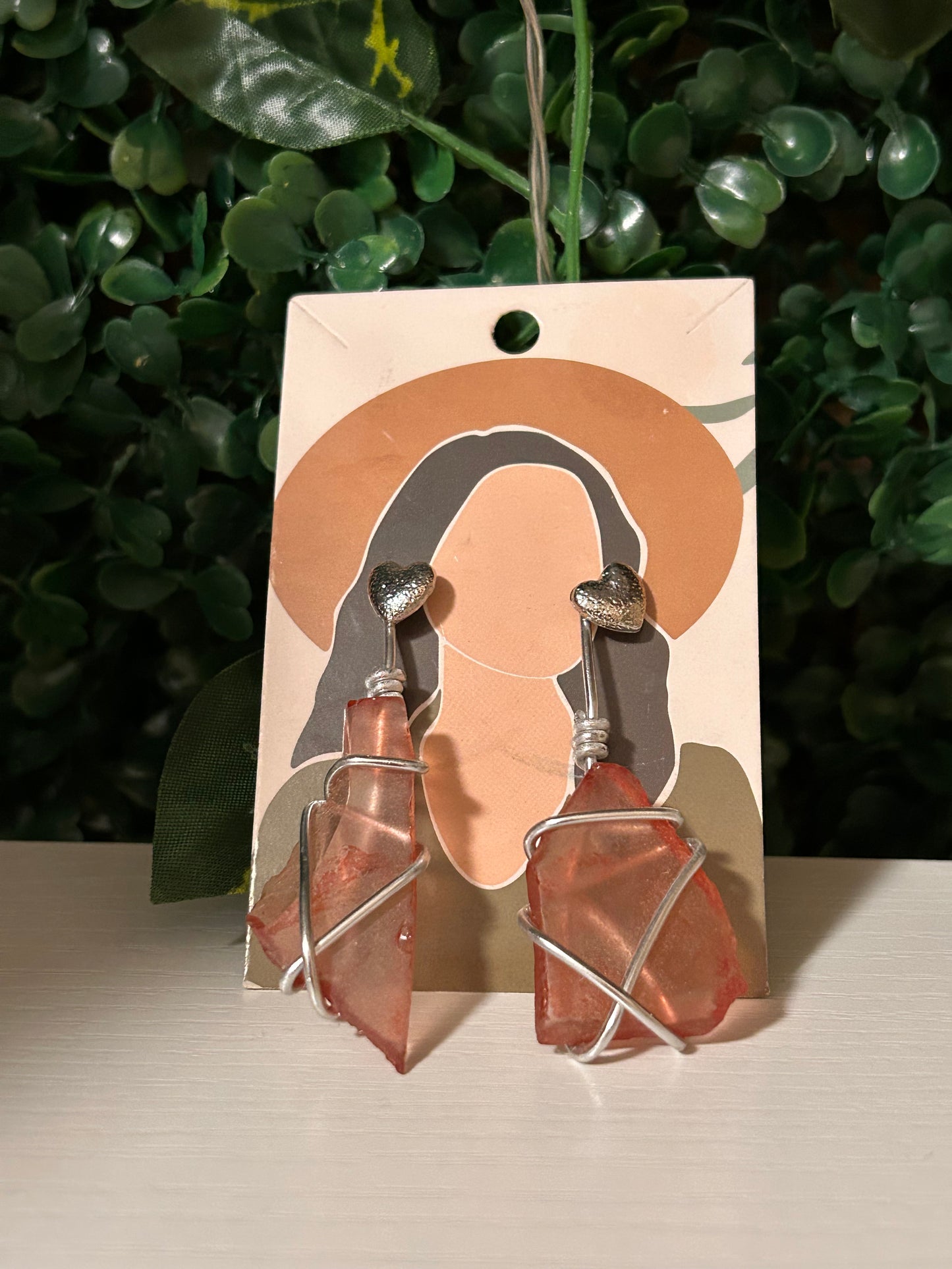 Red seaglass silver wire wrapped earrings