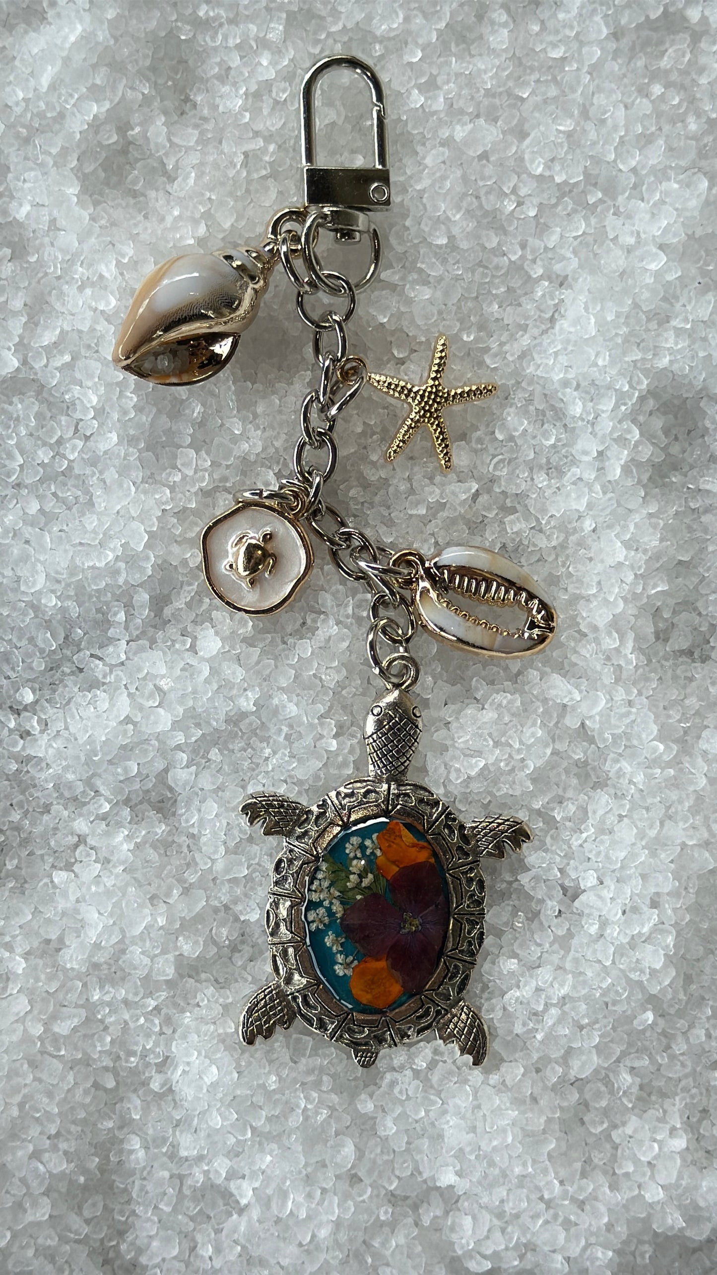 Pressed flower turtle bag charm #1