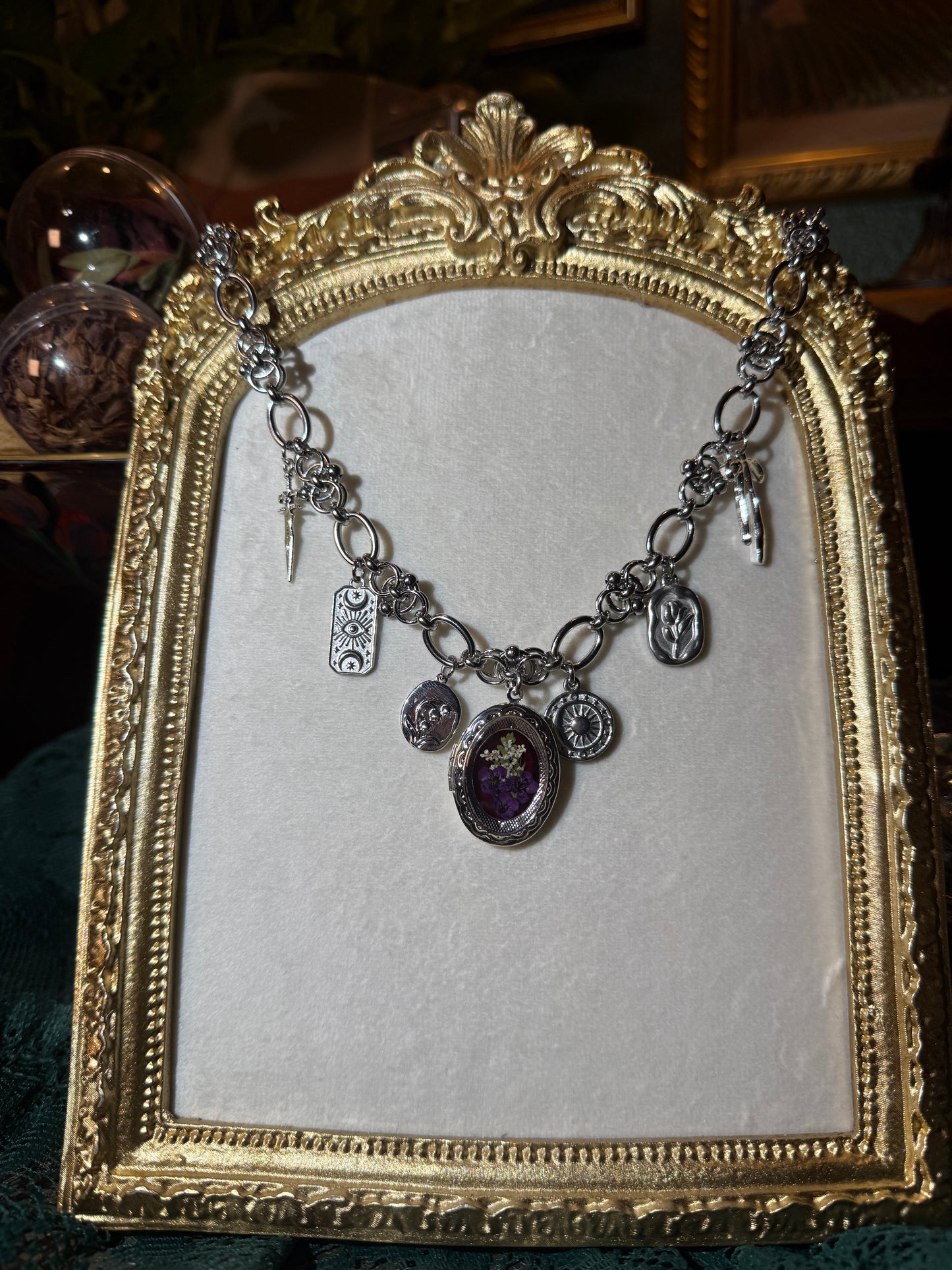Silver locket charm necklace (d)
