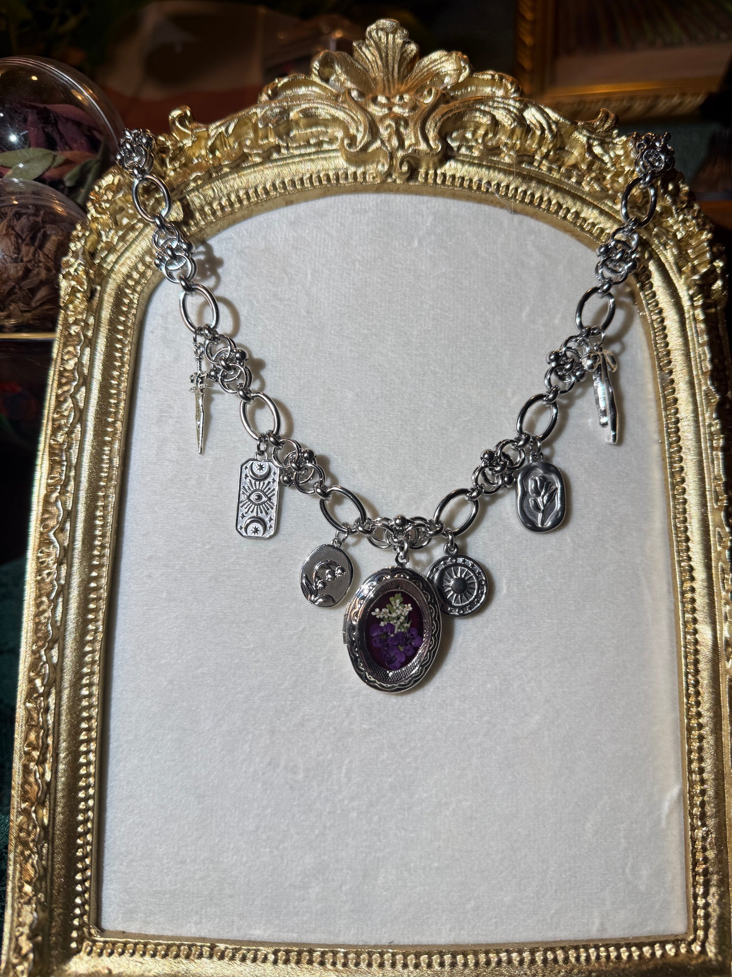 Silver locket charm necklace (d)