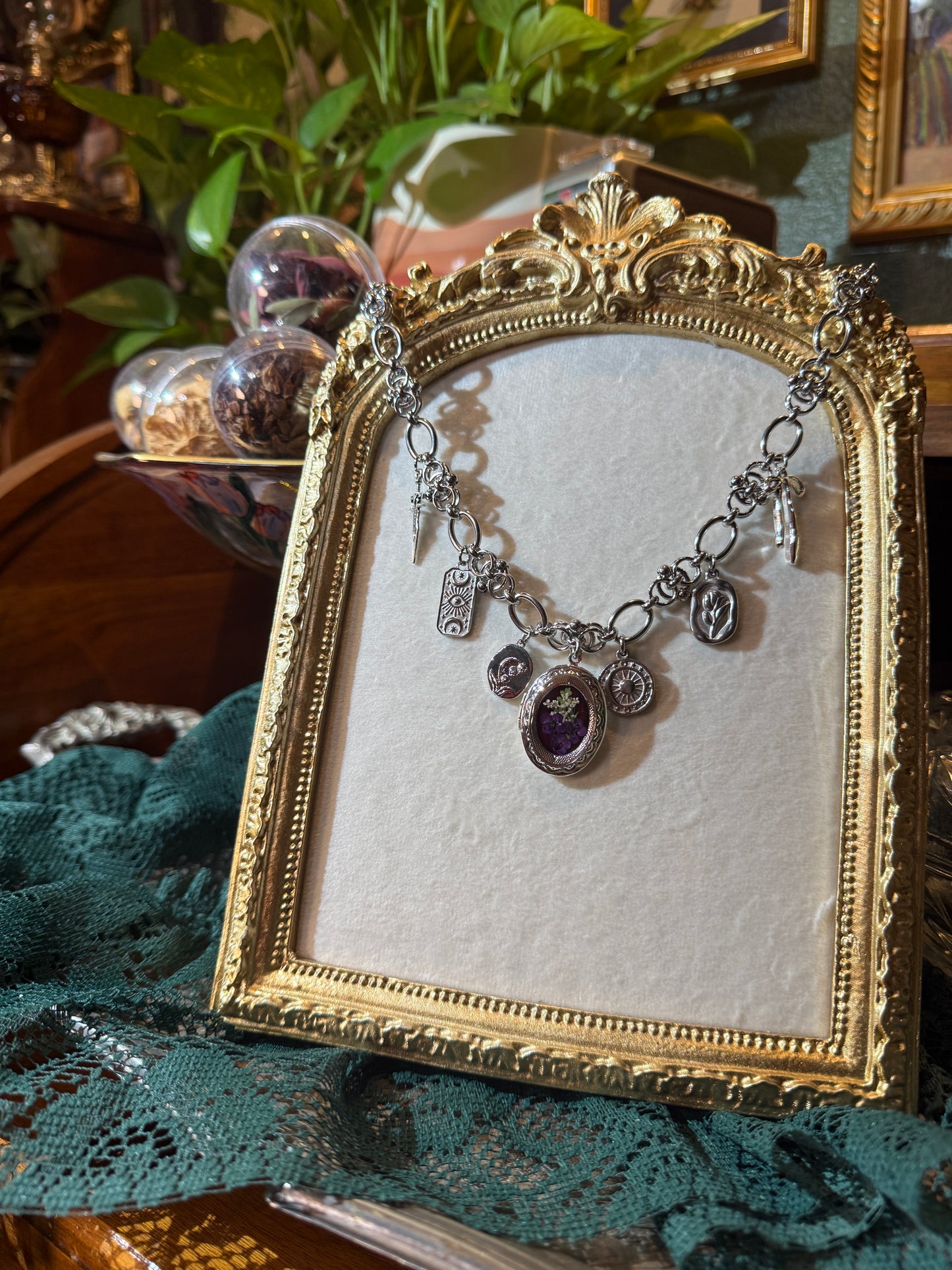Silver locket charm necklace (d)