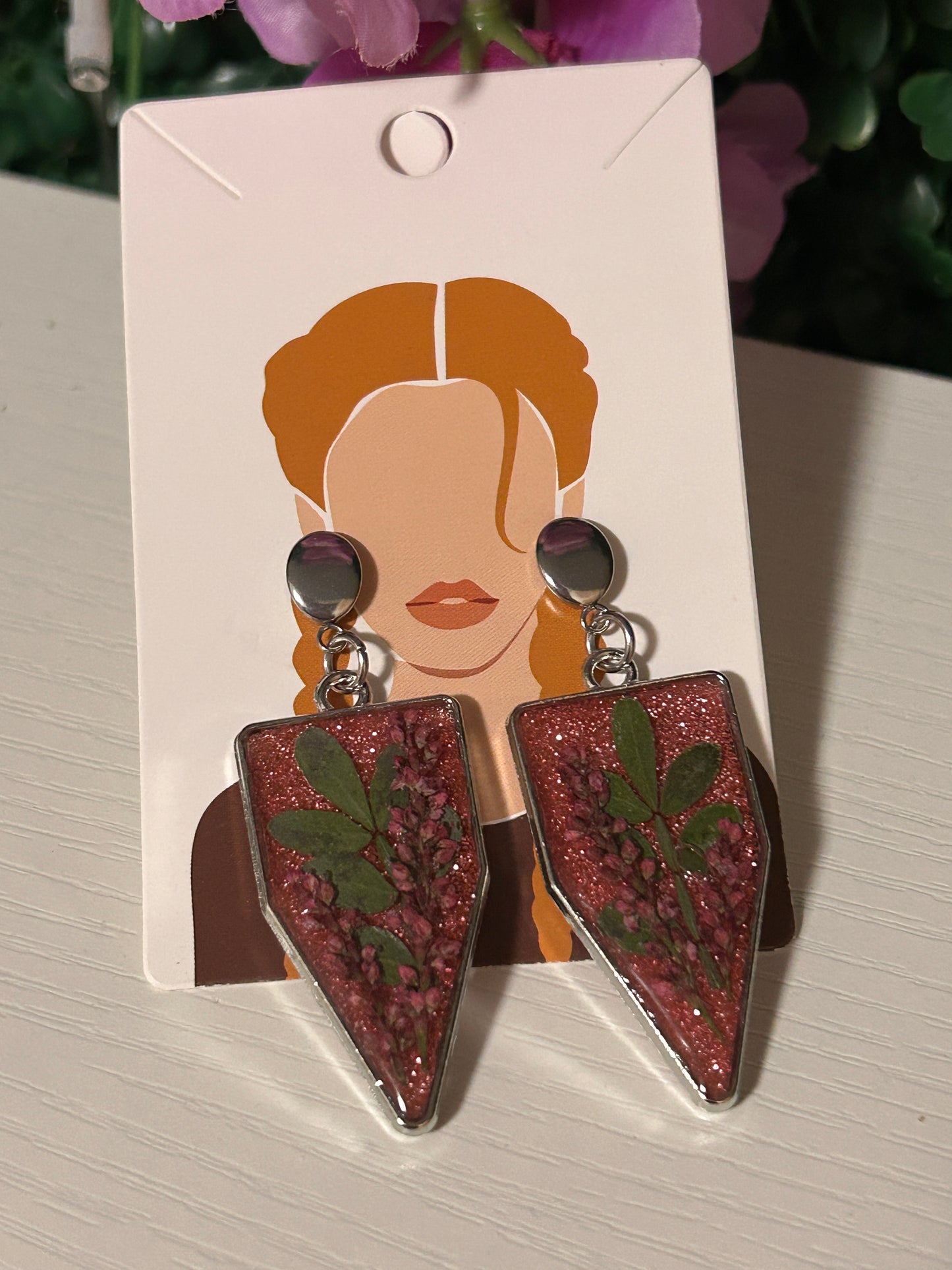 Pink glitter shield earrings
