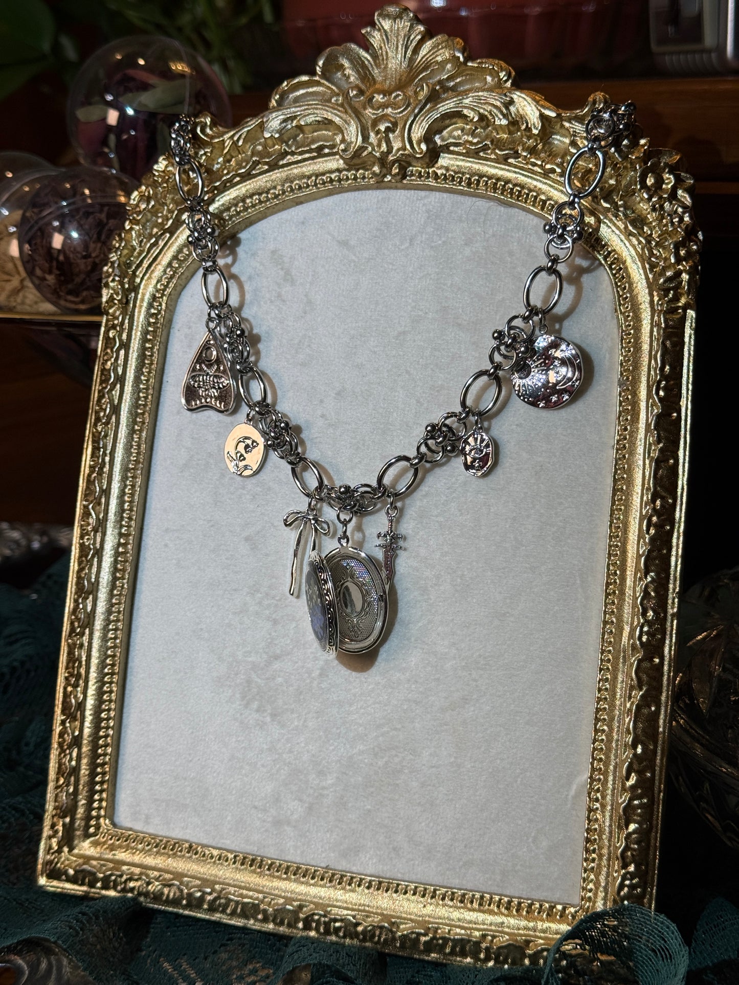 Silver locket charm necklace (e)